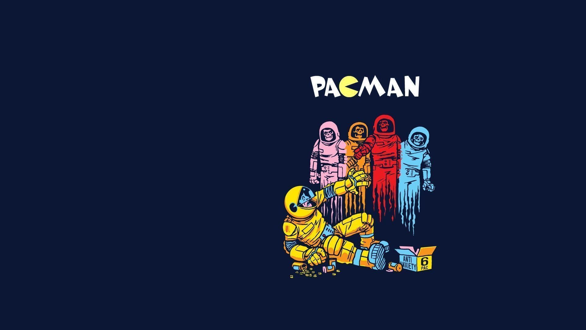 Pac-Man, Fantasmi, Illustrazione, Sfondo blu scuro, Umorismo, Full HD, wallpaper per PC