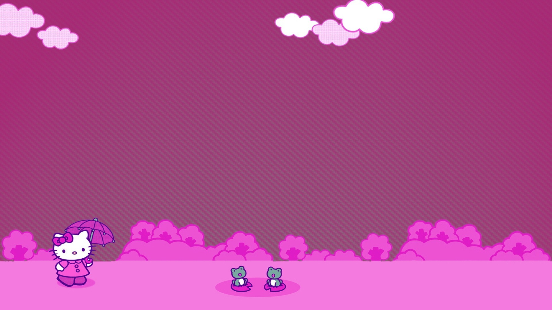 Hello Kitty, Ombrello, Viola, Nuvole, Paesaggio cartone, 1920x1080, sfondo per PC