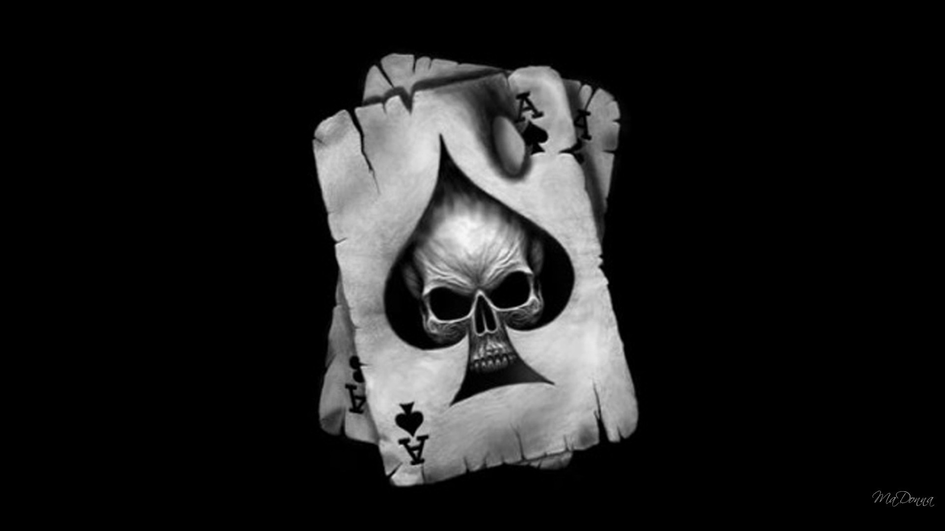 Asso di picche, Carta da gioco, Teschio, Sfondo nero, Full HD, wallpaper desktop