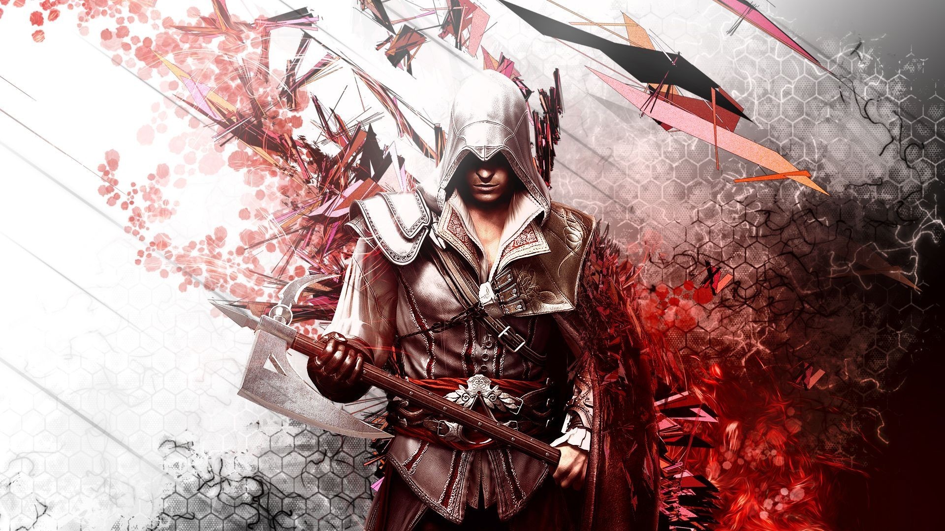 Ezio Auditore, Assassin's Creed II, Arte digitale, Rosso, Fiori, wallpaper desktop Full HD