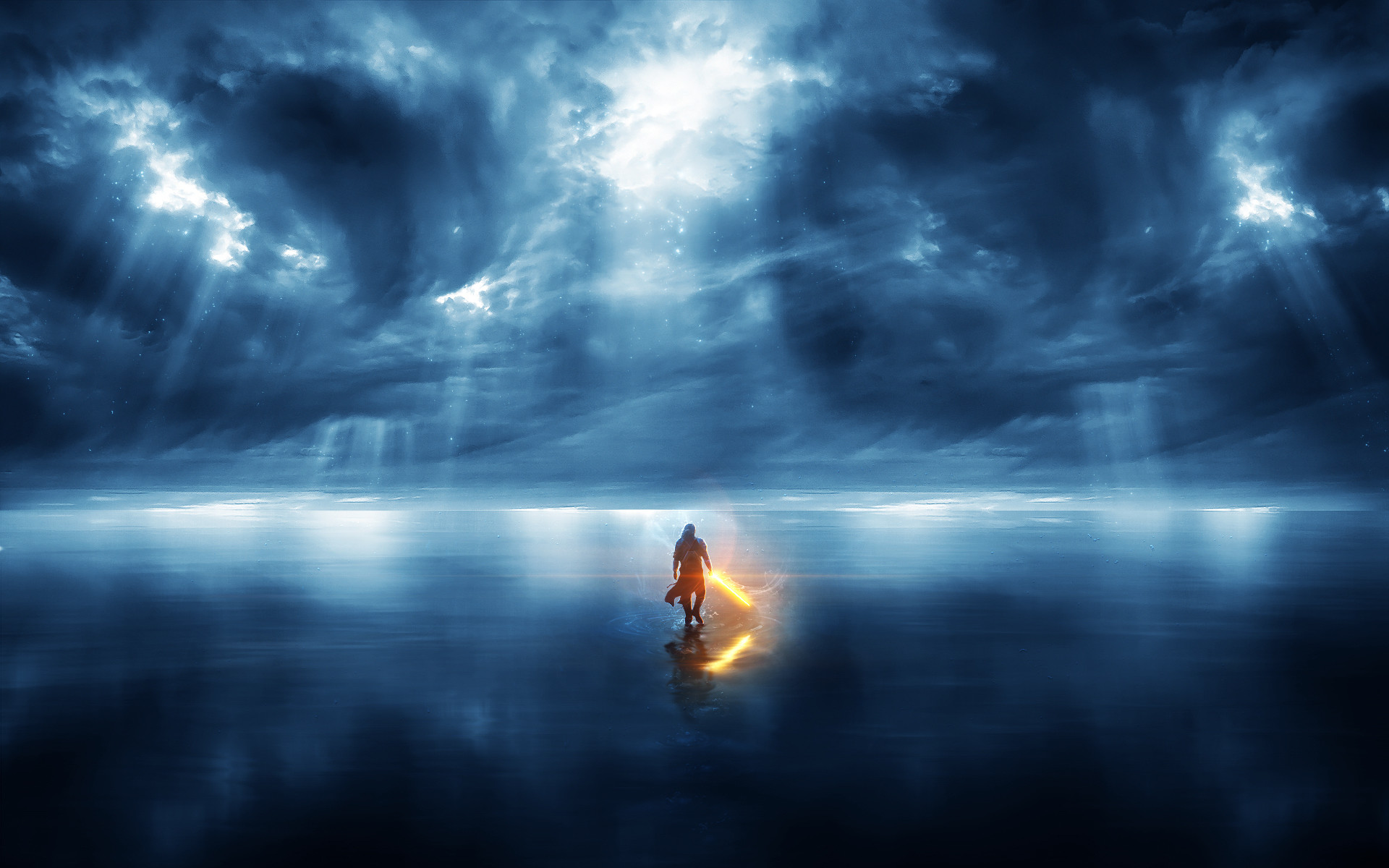 Mare, Raggi di luce, Figura solitaria, Cielo tempestoso, 1920x1200, immagine di sfondo