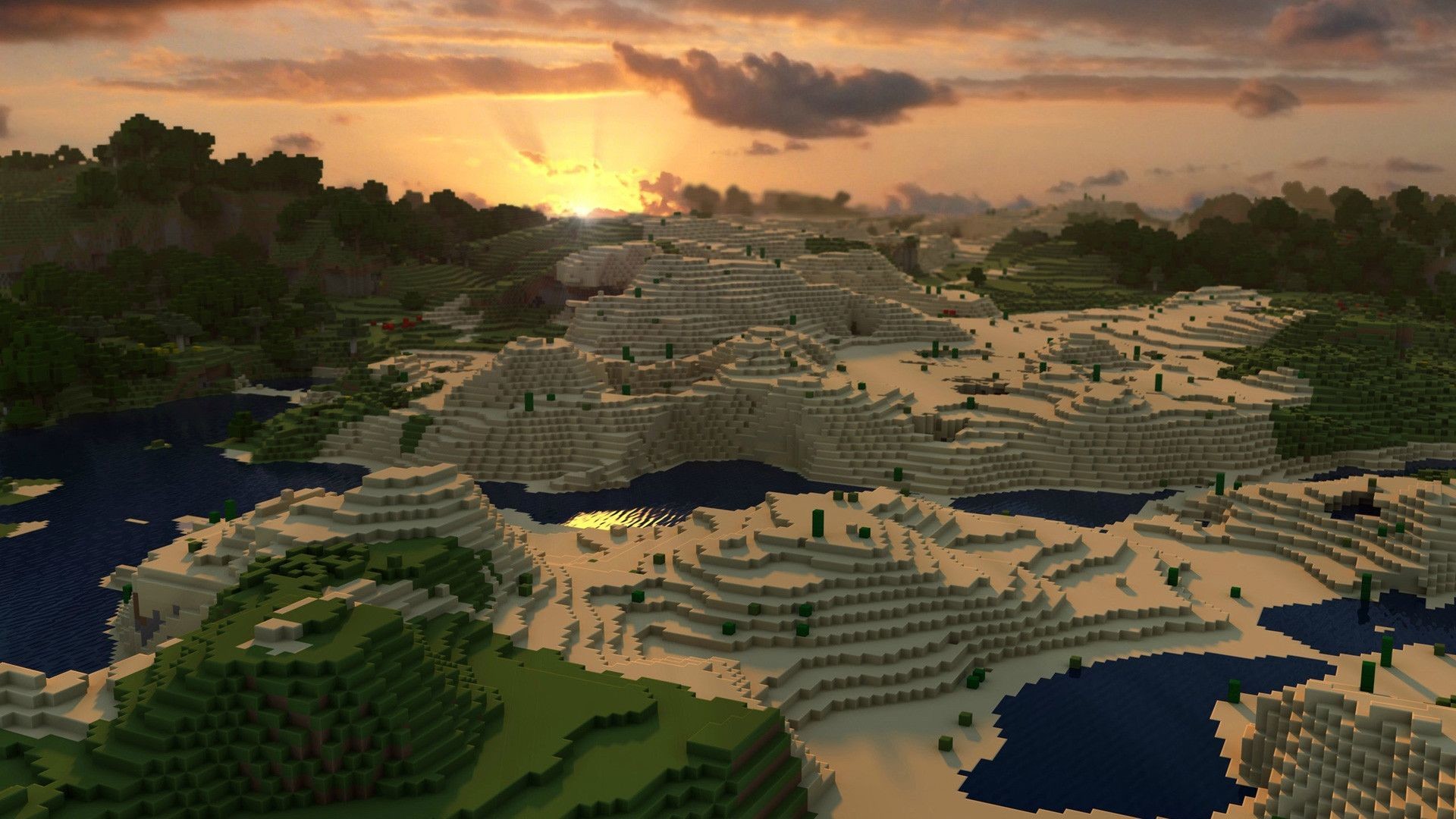 Minecraft, Tramonto, Paesaggio, Veduta aerea, 1920x1080, wallpaper desktop