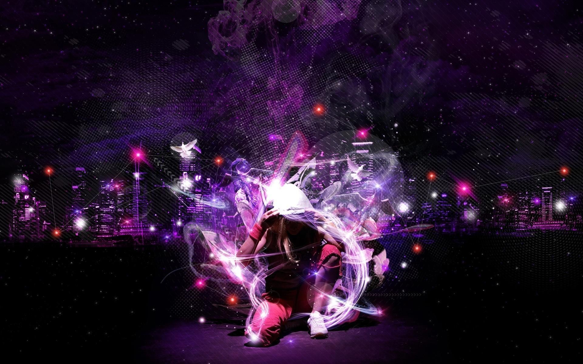 Ballerino, Luci viola, Notte, Arte digitale, Full HD, sfondo per PC