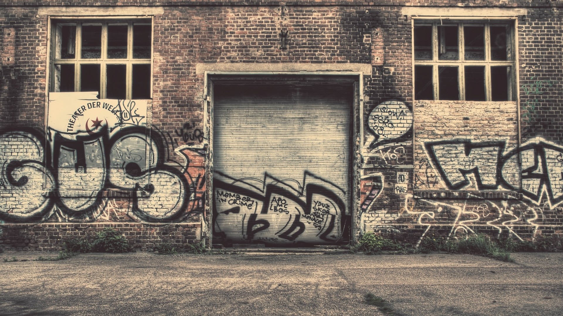 Graffiti, Garage, Muro di mattoni, Edificio abbandonato, 1920x1080, immagine di sfondo