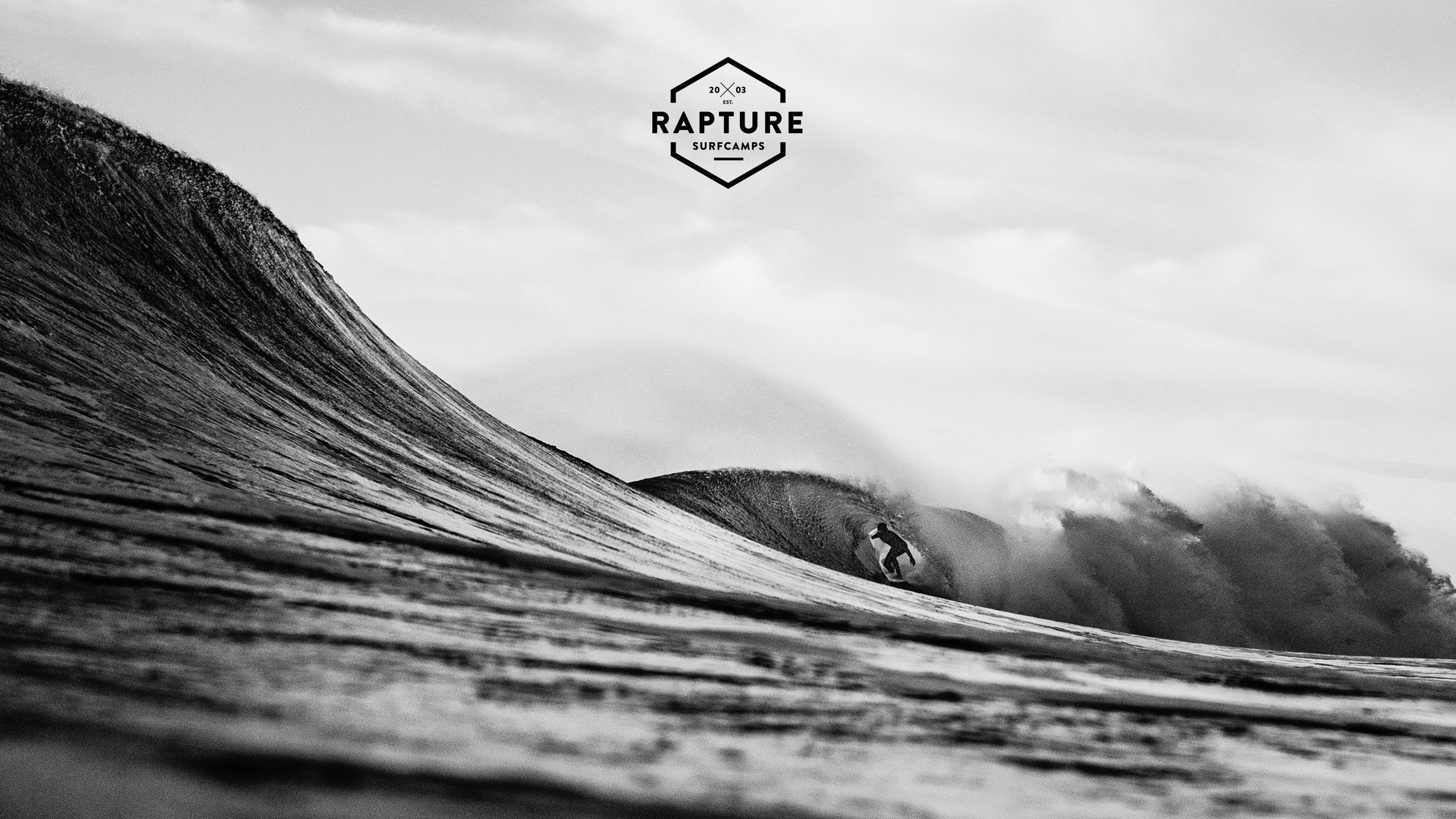 Rapture Surfcamps, Surfista, Onda, Bianco e nero, 2K, sfondo per portatile