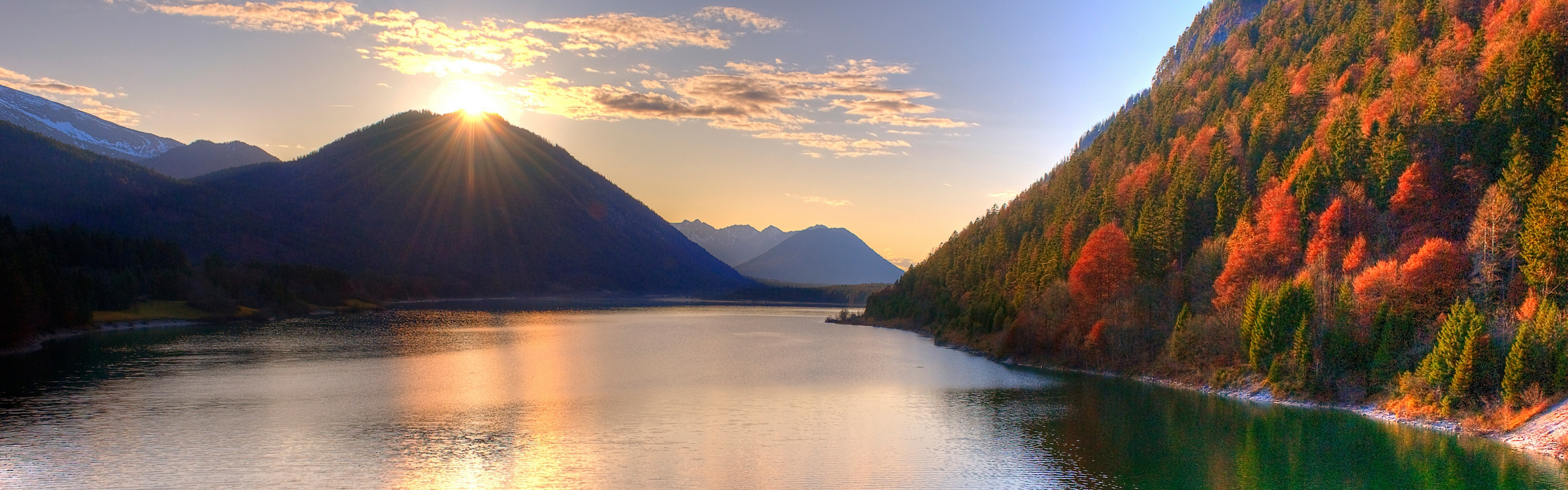 Lago, Montagne, Autunno, Tramonto, doppio schermo, sfondo Full HD