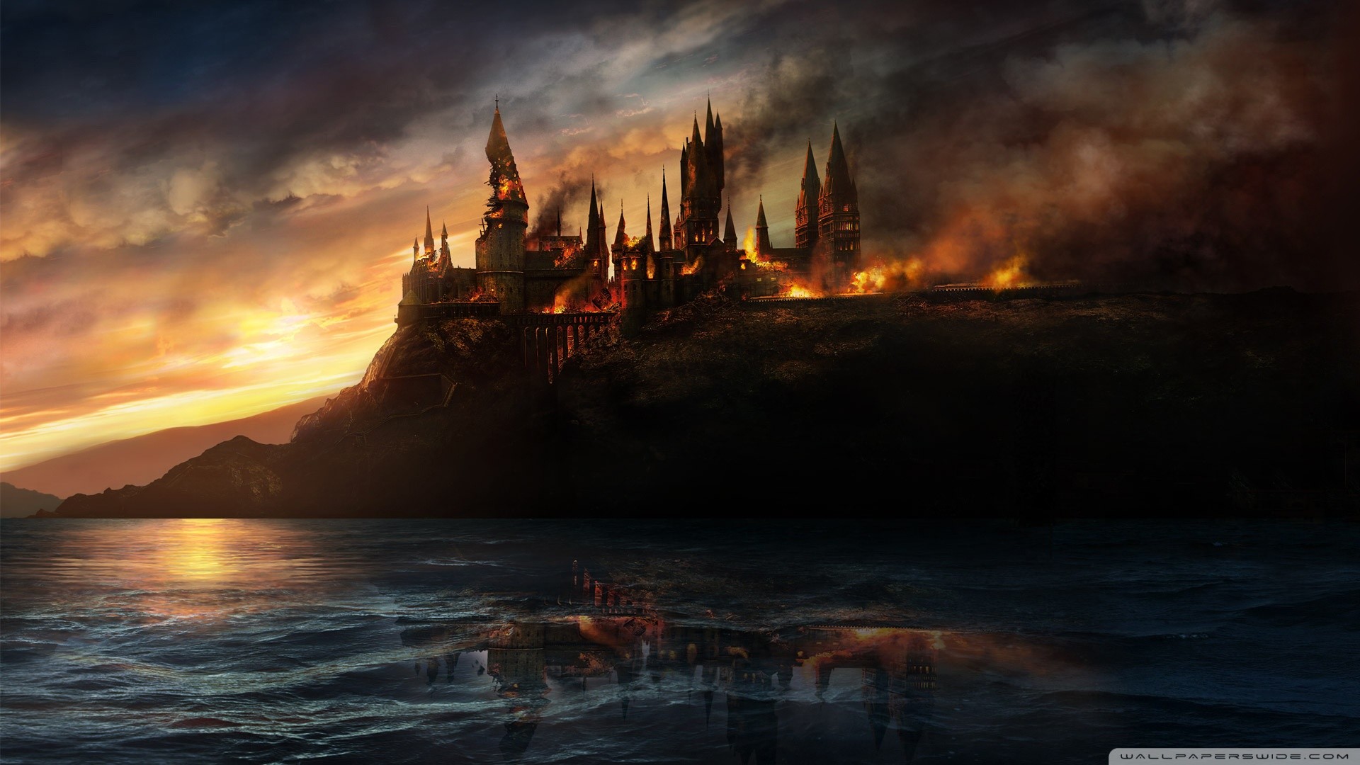 Castello di Hogwarts, Harry Potter, Lago Nero, Incendio, Tramonto, sfondo Full HD per portatile