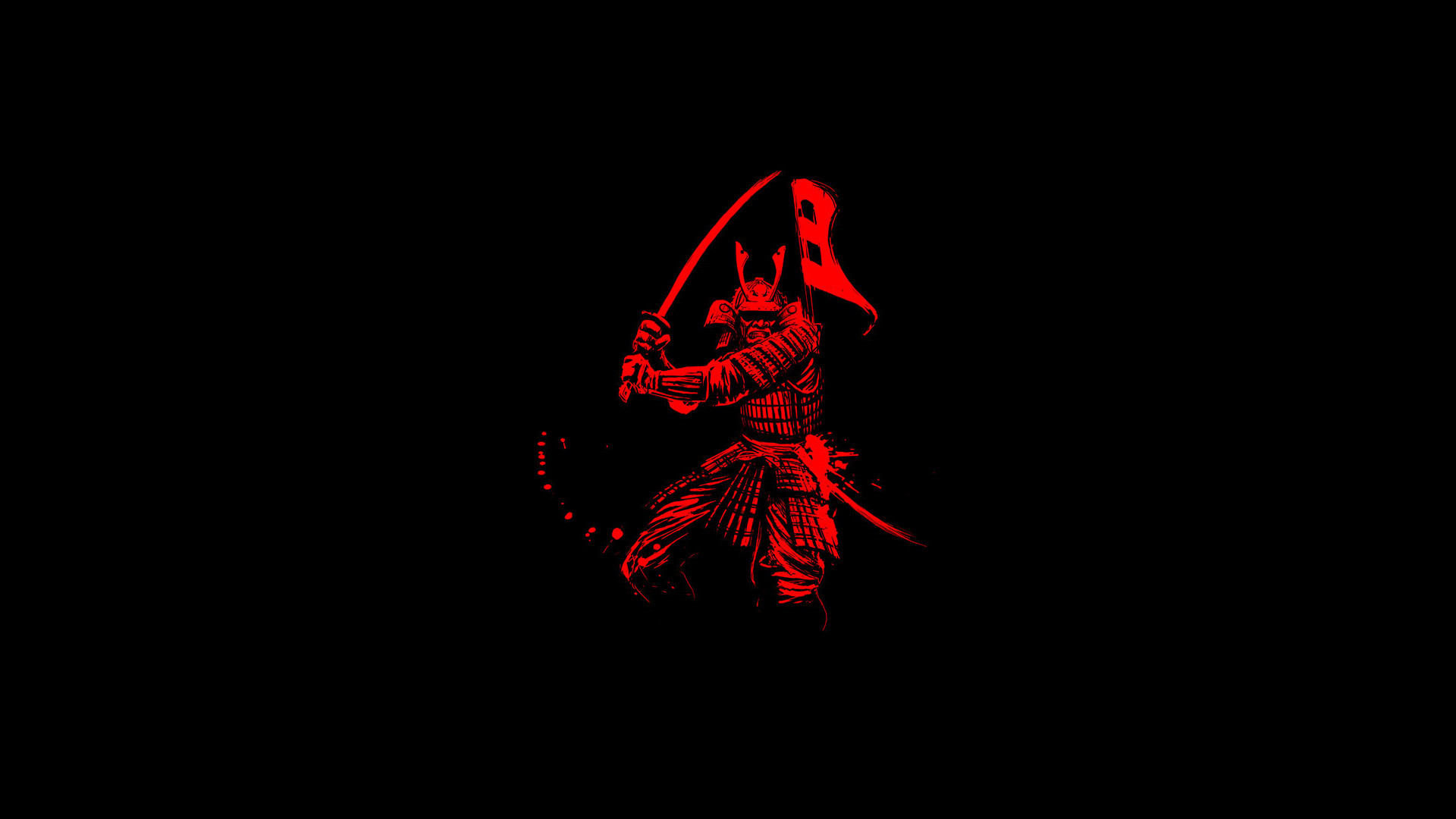 Samurai, Katana, Silhouette, Rosso, Sfondo nero, Full HD, wallpaper per PC
