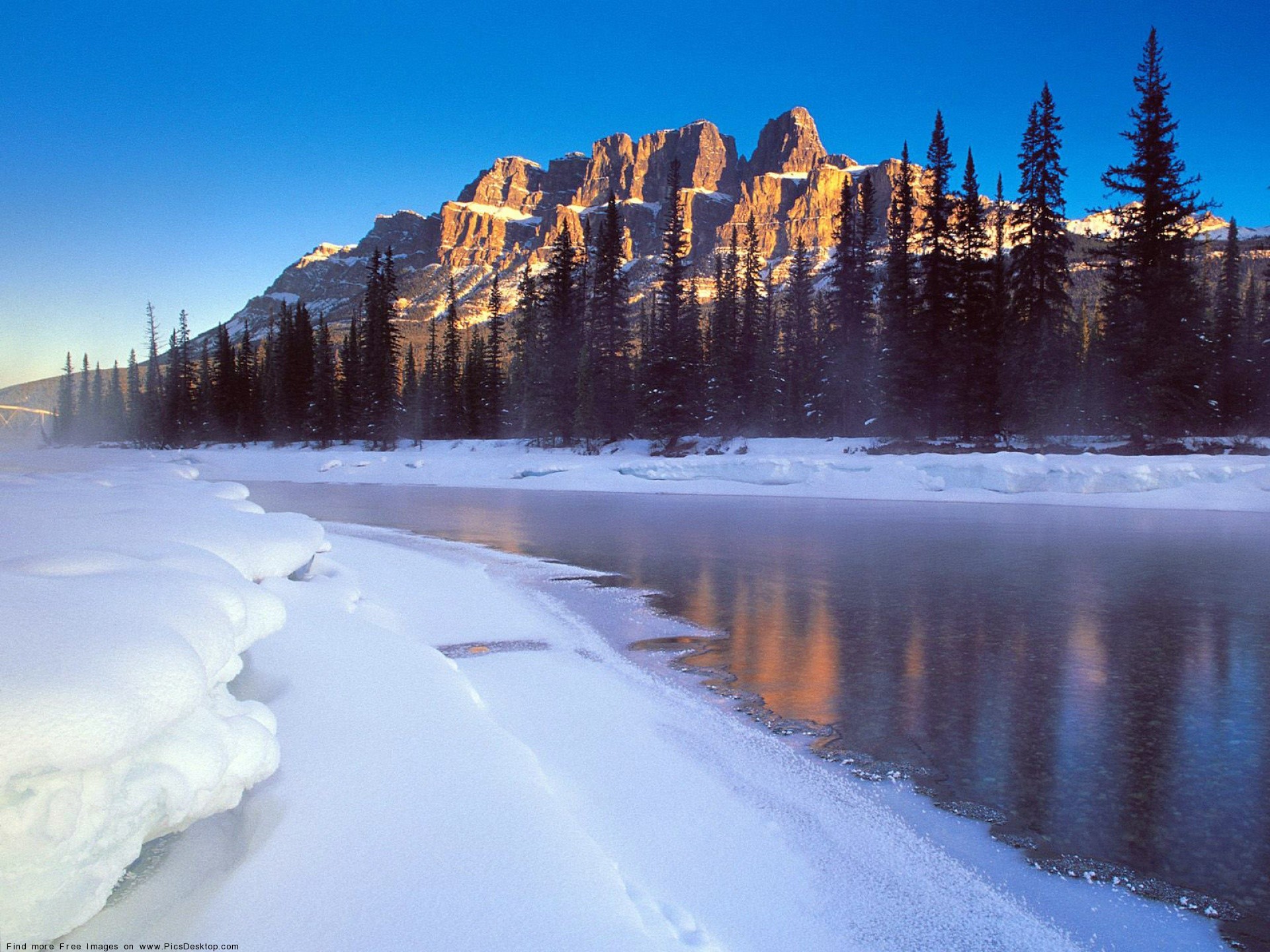 Castle Mountain, Parco nazionale di Banff, Fiume ghiacciato, Neve, Inverno, sfondo Full HD per tablet