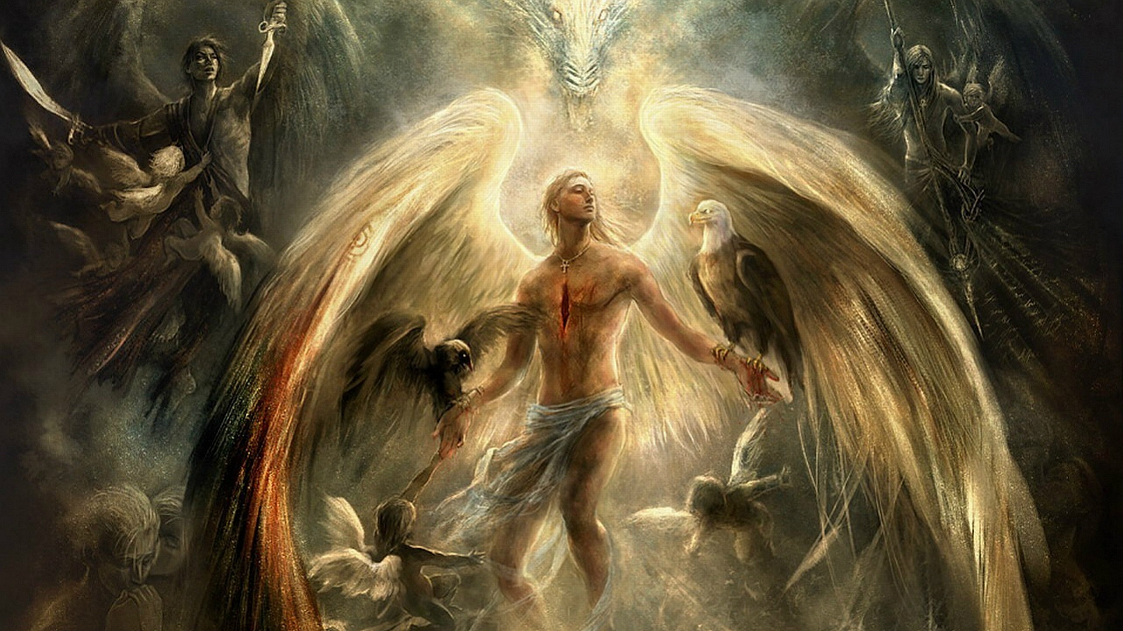 Angelo, Ali dorate, Aquile, Arte fantasy, Pittura digitale, 16:9 4K, wallpaper widescreen
