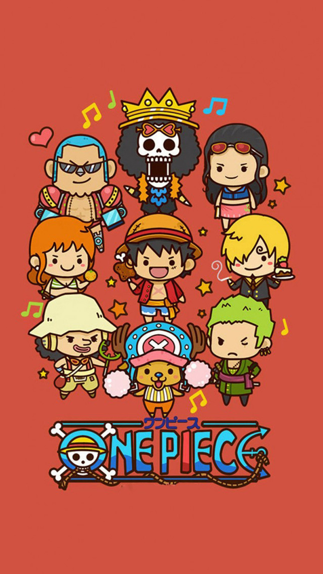 Ciurma di Cappello di Paglia, Chibi, Logo One Piece, One Piece, Sfondo rosso, schermata di blocco