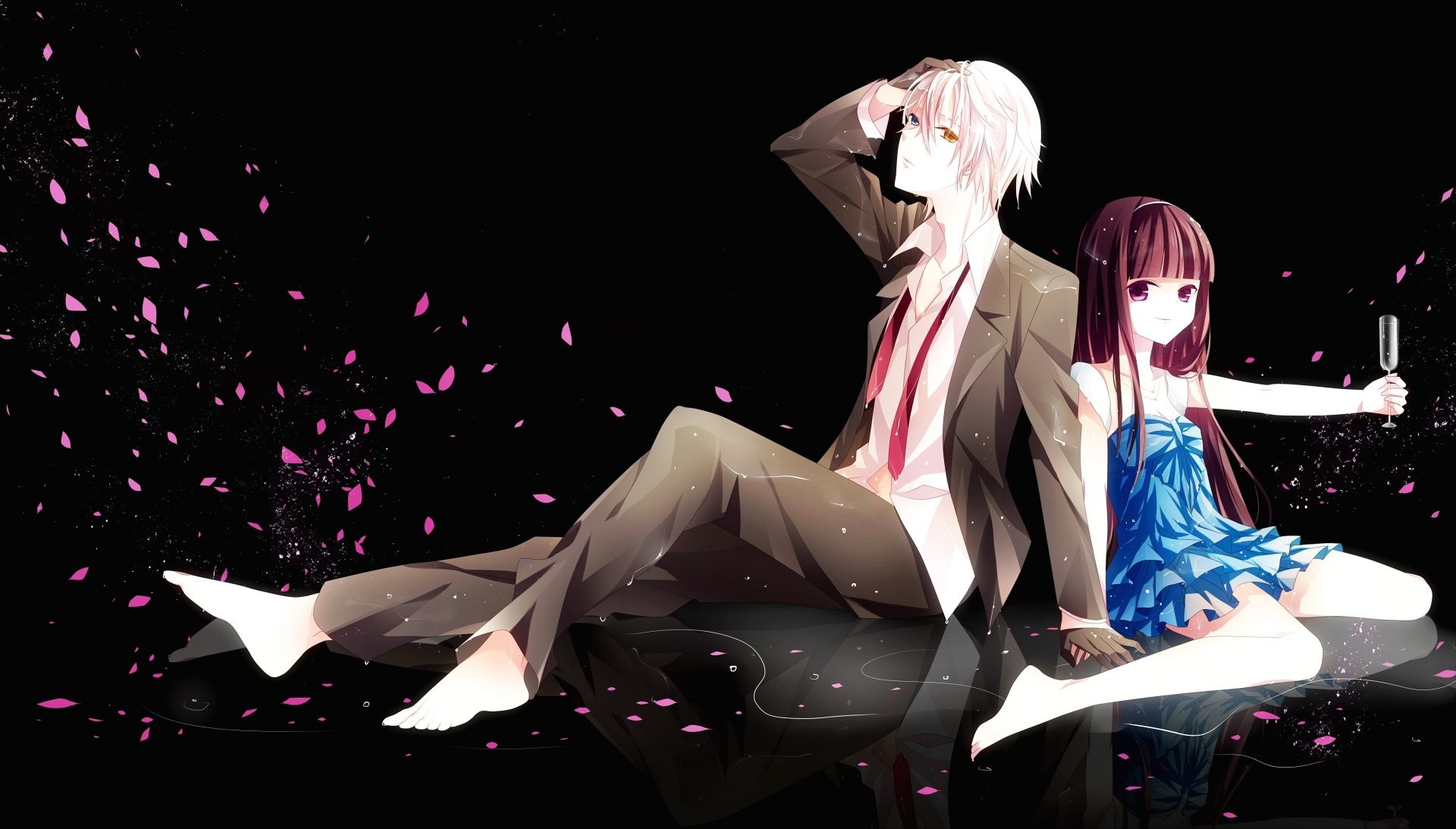 Coppia anime, Anime, Petali, Sfondo nero, Full HD, wallpaper per portatile