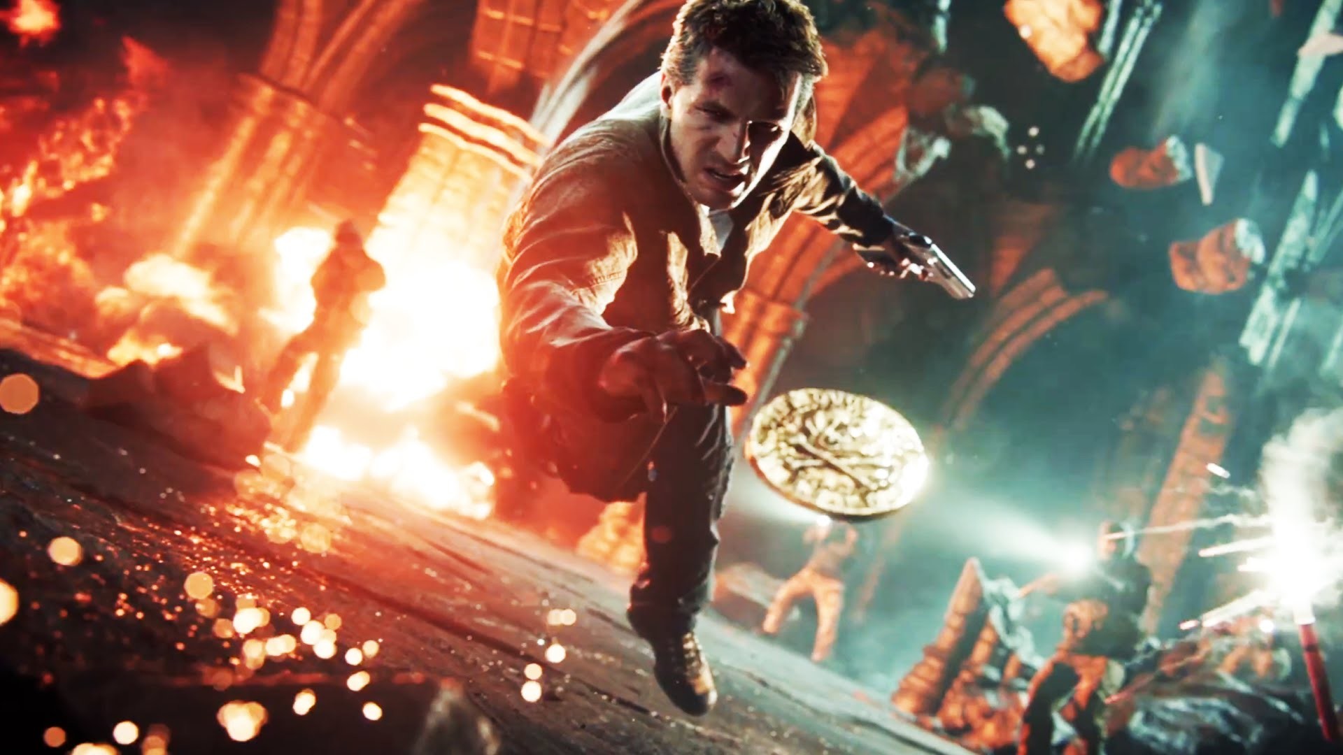 Nathan Drake, Uncharted 4, Esplosione, Moneta, 16:9 Full HD, sfondo widescreen