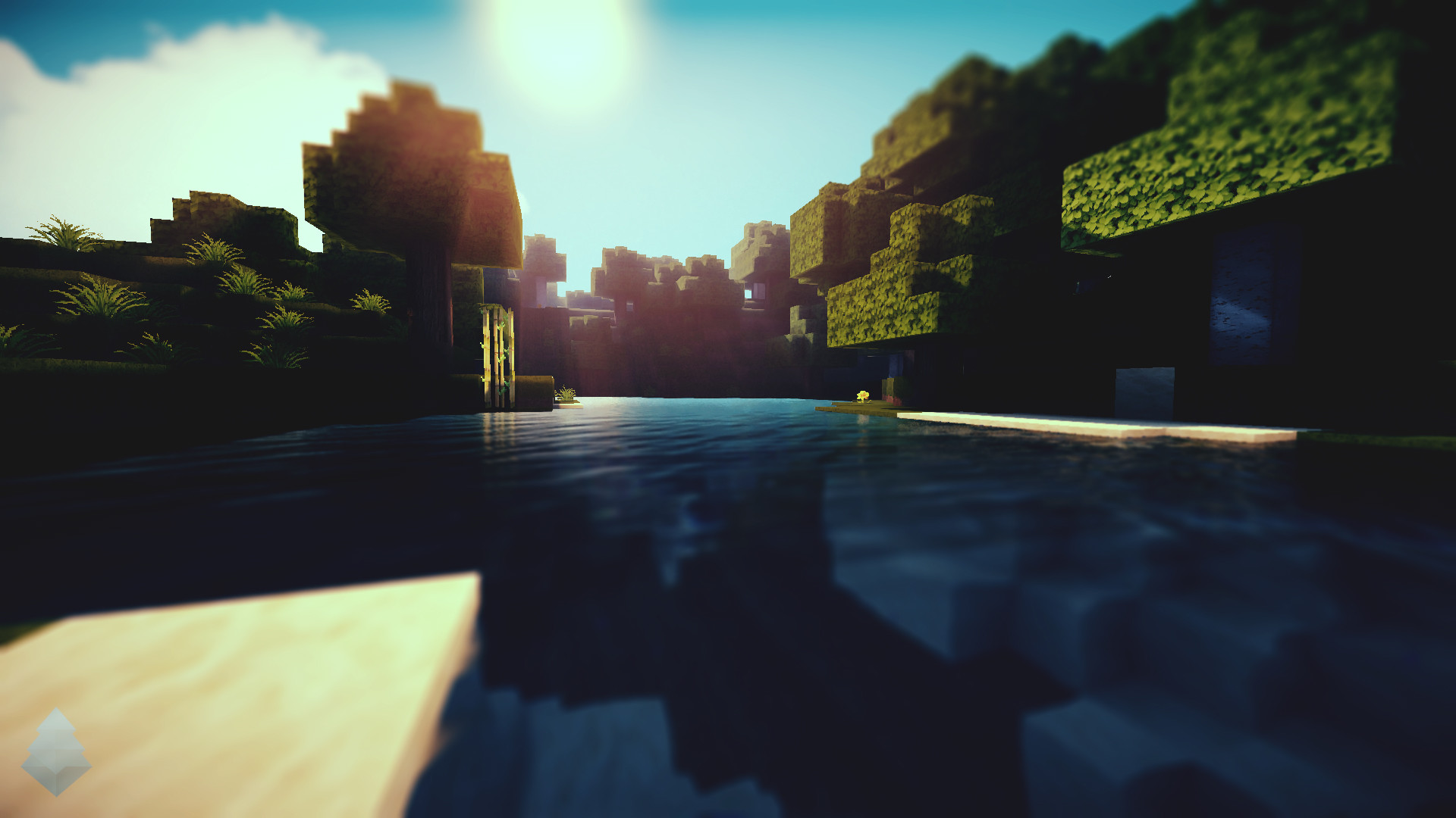 Minecraft, Lago, Shader, Controluce, Sole, Full HD, sfondo per PC e portatile