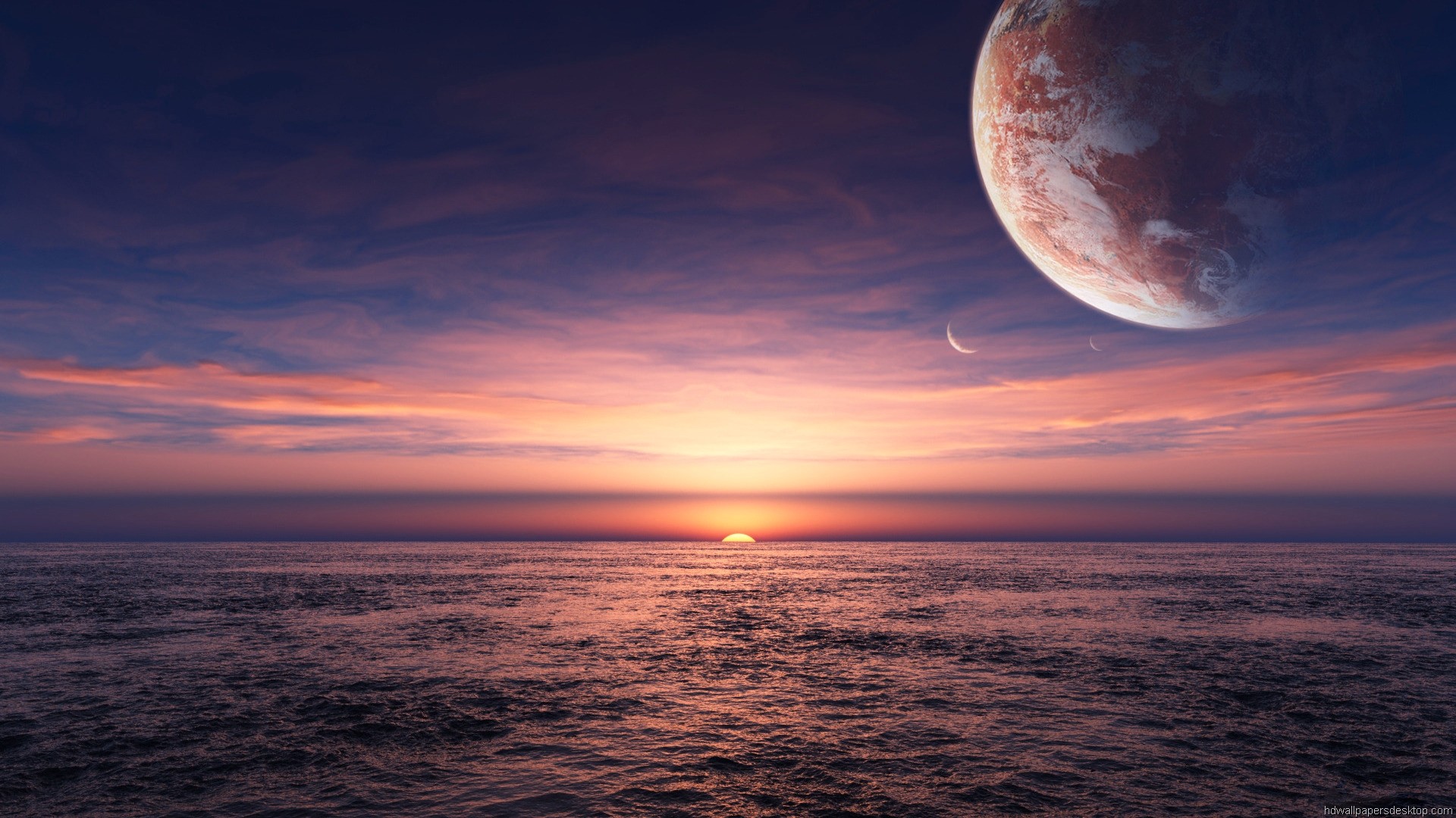 Pianeta, Tramonto, Mare, Fantascienza, Cielo, immagine di sfondo Mac