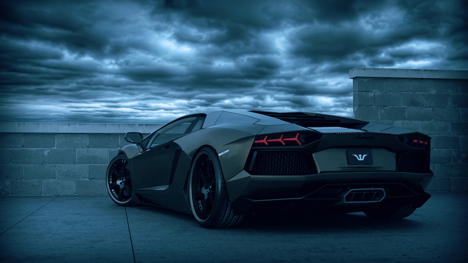 Lamborghini Aventador, Grigio scuro, Cielo tempestoso, Vista posteriore, sfondo Full HD per portatile