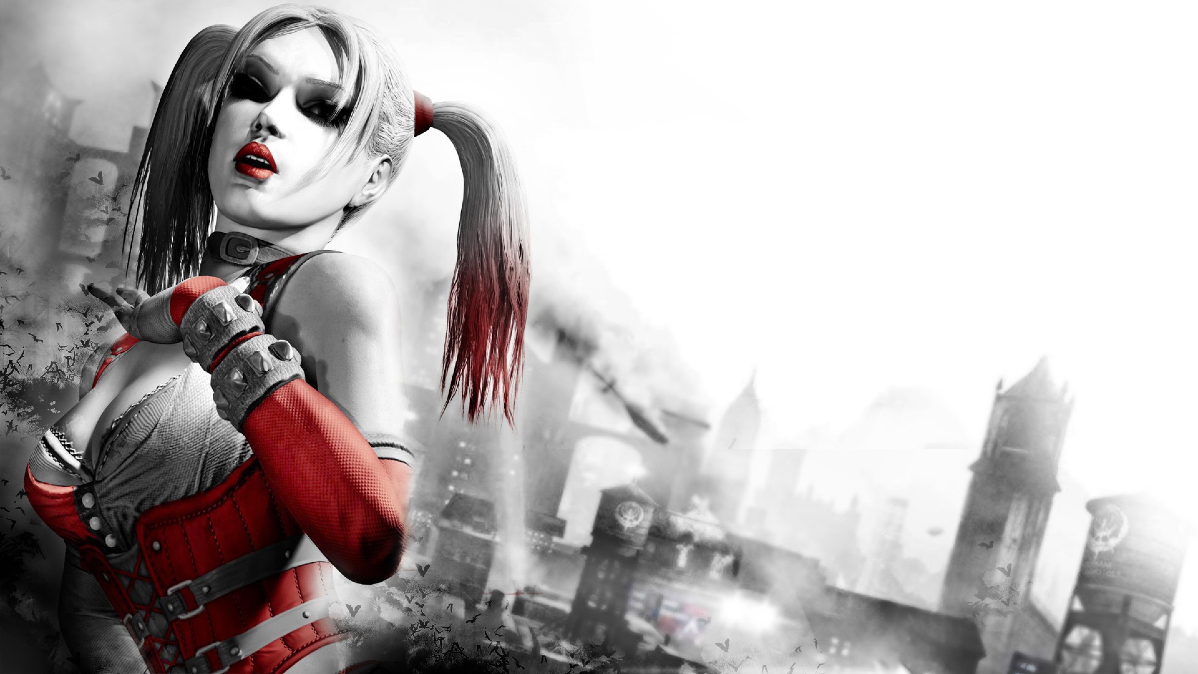 Harley Quinn, Batman: Arkham City, Gotham City, Bianco e rosso, 4K, sfondo per PC