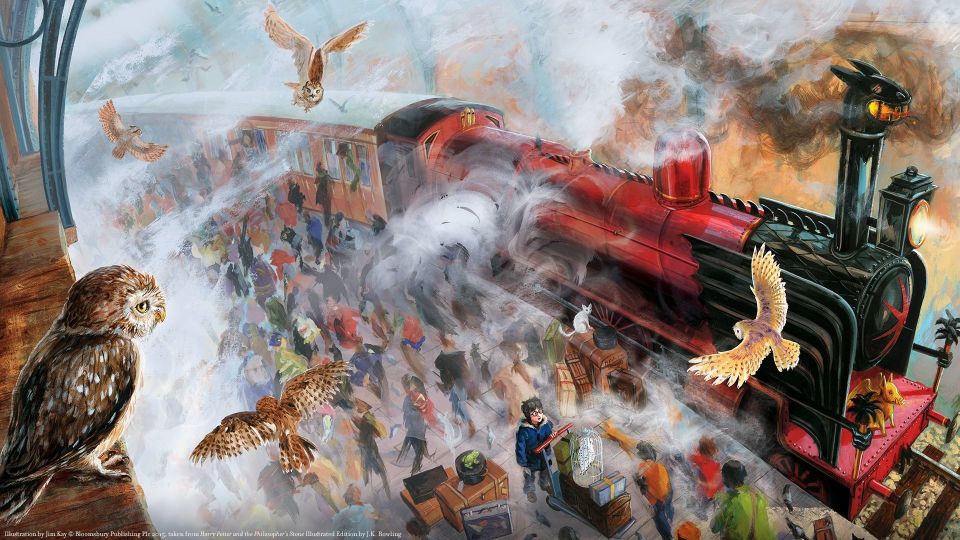 Hogwarts Express, Harry Potter, Gufi, Binario 9 e 3/4, Illustrazione, wallpaper Windows 11