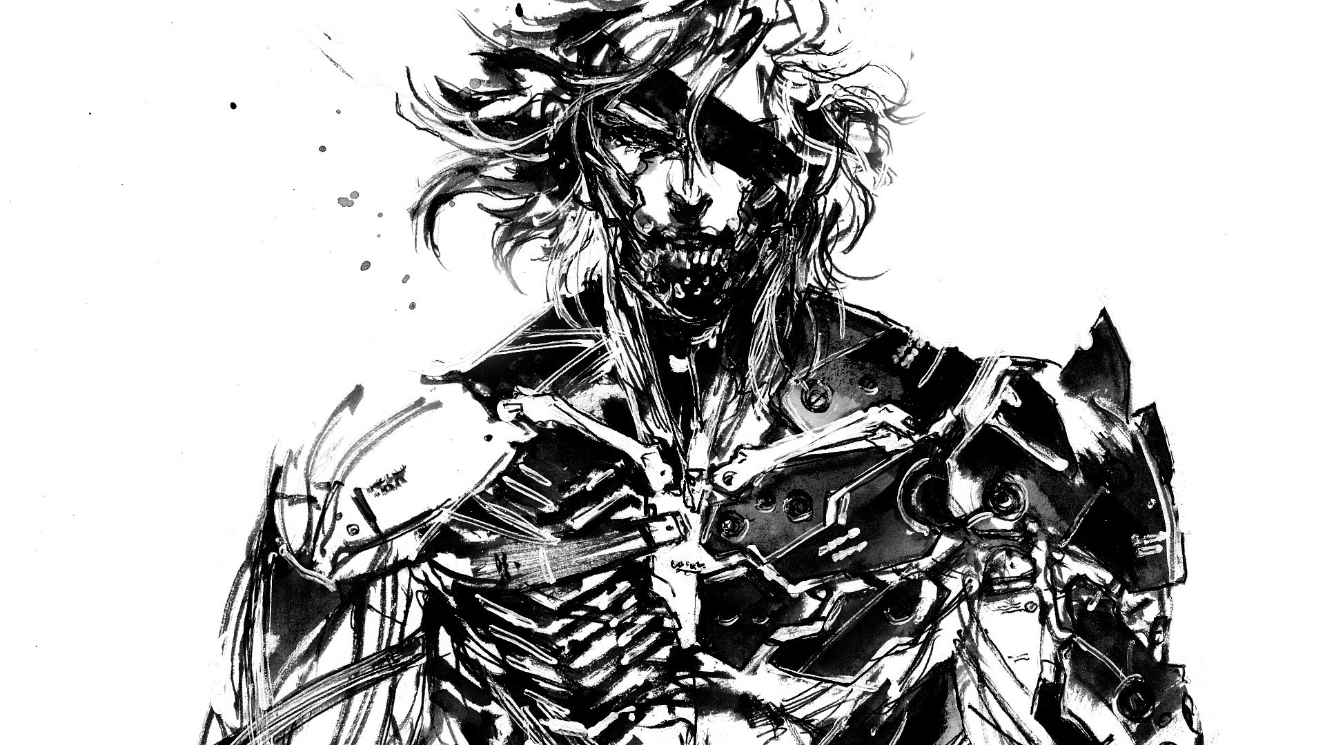 Raiden, Metal Gear Rising: Revengeance, Bianco e nero, Inchiostro, sfondo 16:9 Full HD