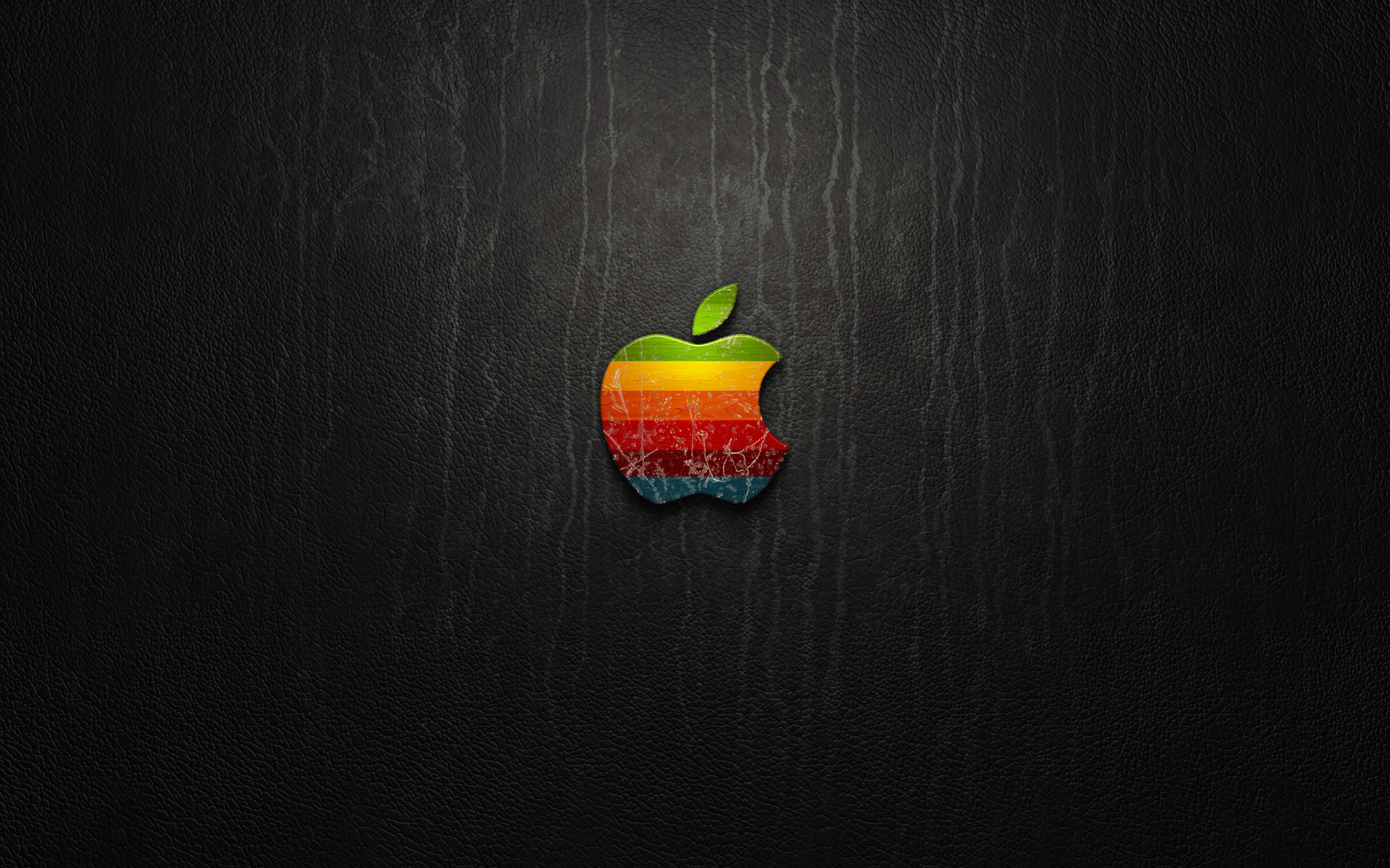 Logo Apple, Arcobaleno retro, Pelle nera, 2K, immagine di sfondo MacBook