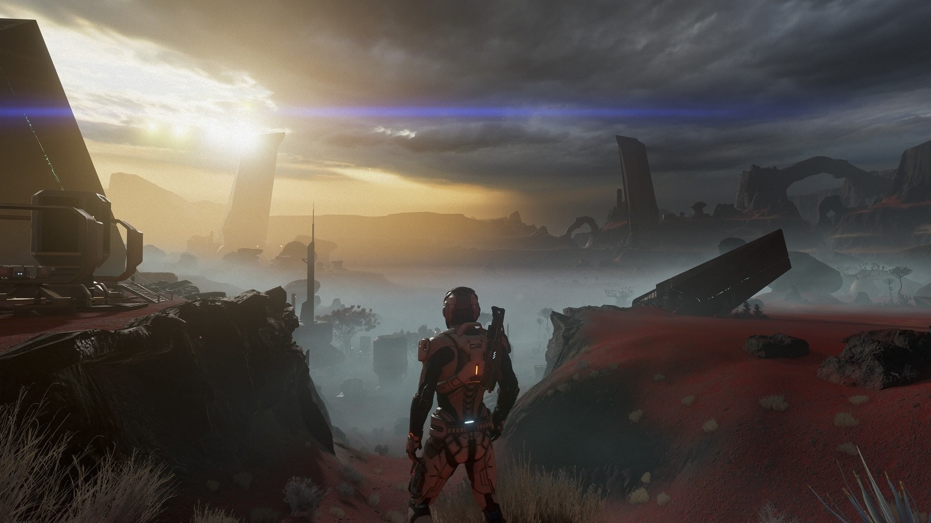 Mass Effect: Andromeda, Ryder, Paesaggio alieno, Tramonto, Esplorazione, sfondo widescreen Full HD
