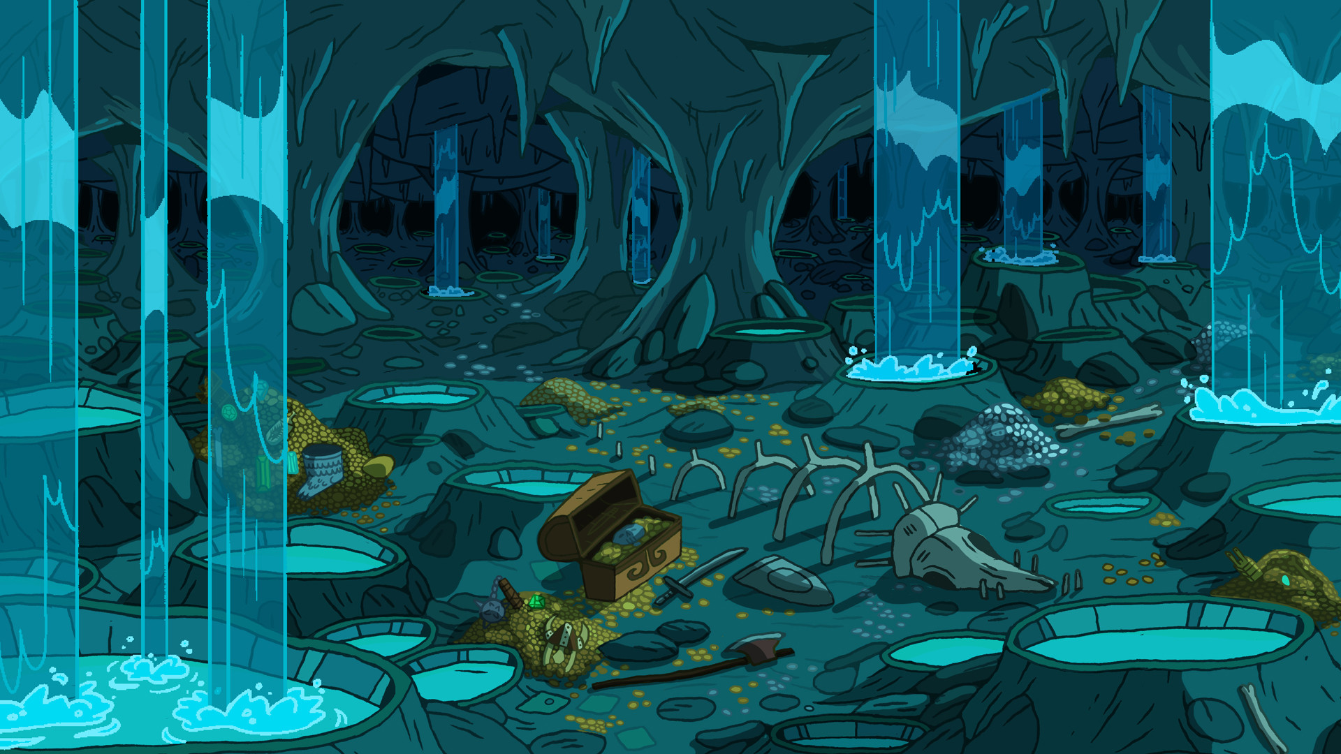 Adventure Time, Caverna, Cascate, Tesoro, 1920x1080, wallpaper desktop