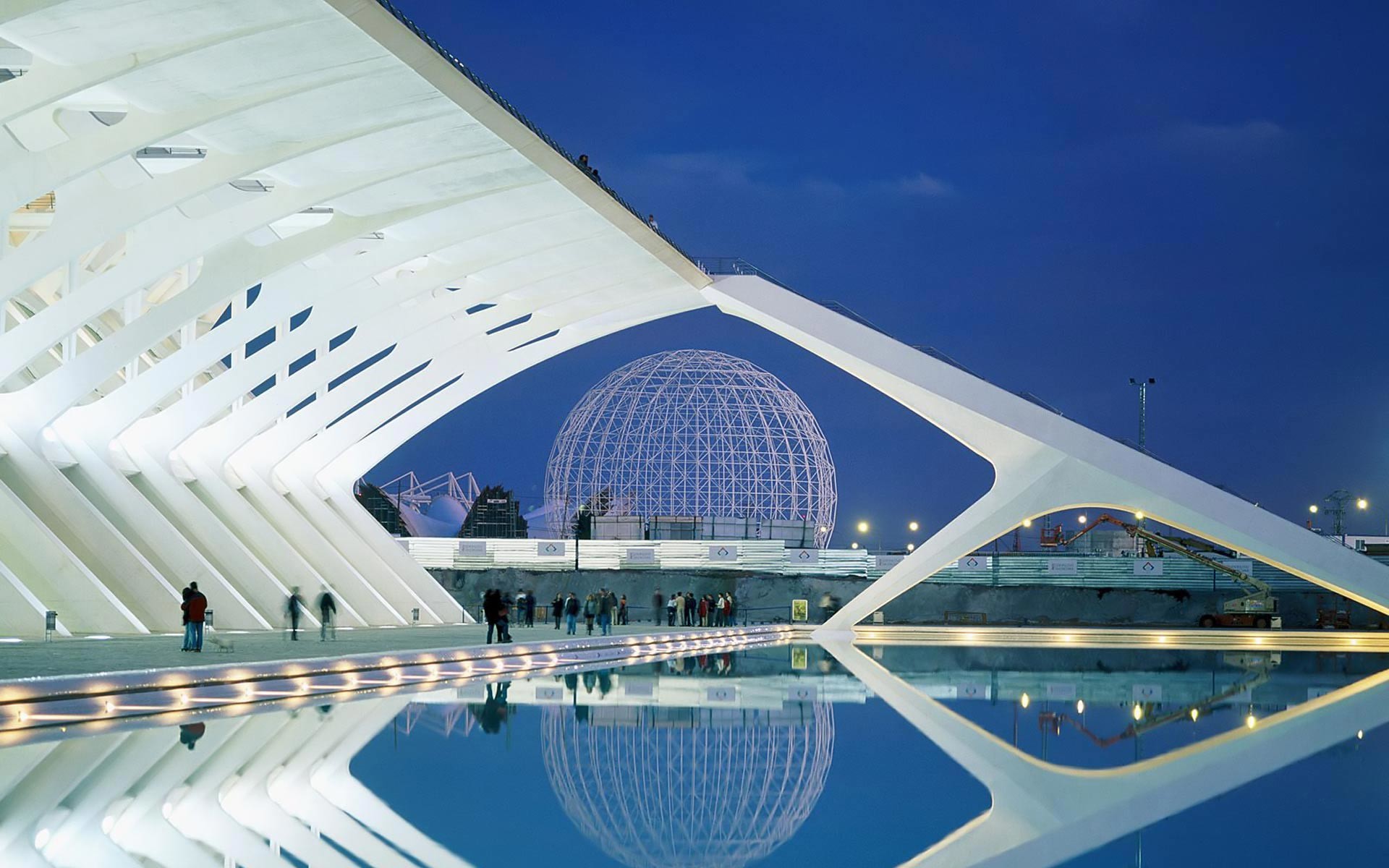 Santiago Calatrava, Architettura moderna, Riflesso, Cupola geodetica, Blu, sfondo widescreen Full HD