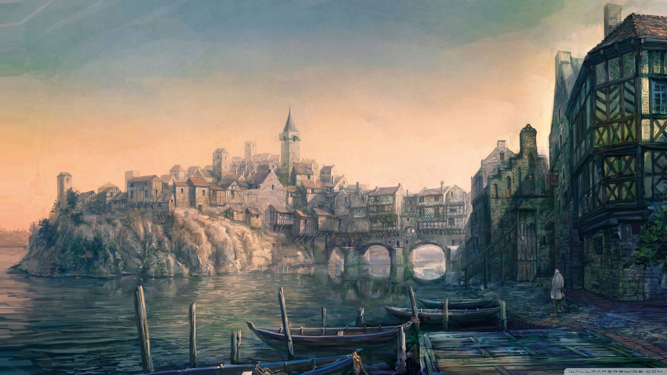 Novigrad, The Witcher 3: Wild Hunt, Porto, Città medievale, Pittura, sfondo 2K per PC
