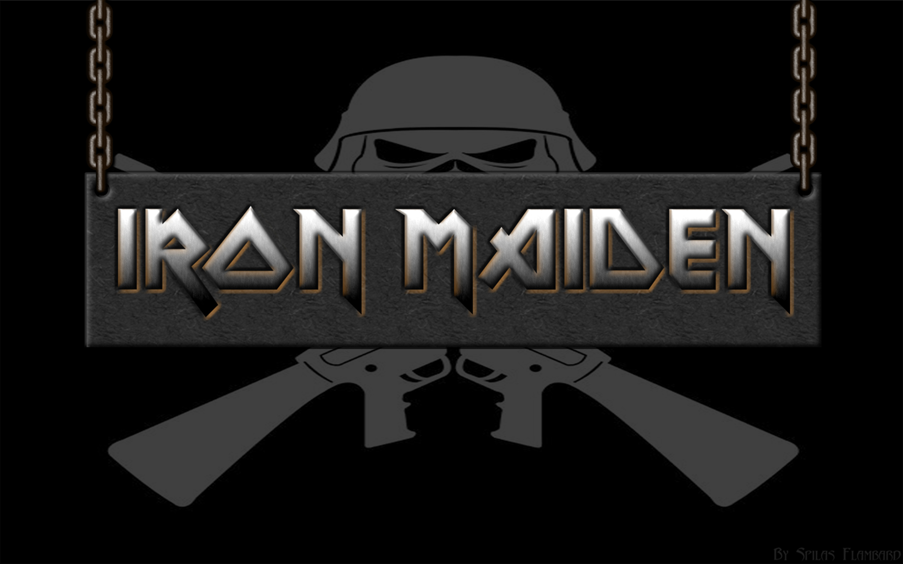 Iron Maiden, Logo, Fucili, Elmetto, Sfondo nero, 16:10 2K, wallpaper widescreen