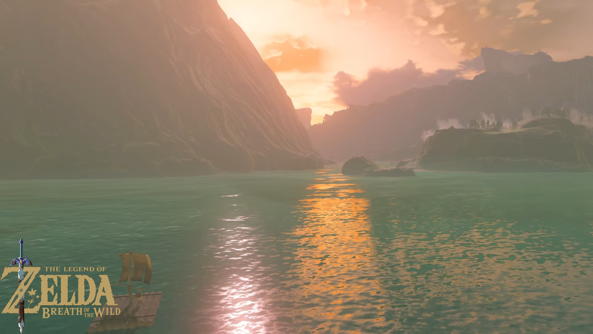 The Legend of Zelda: Breath of the Wild, Logo, Lago, Tramonto, Full HD, sfondo per PC e portatile