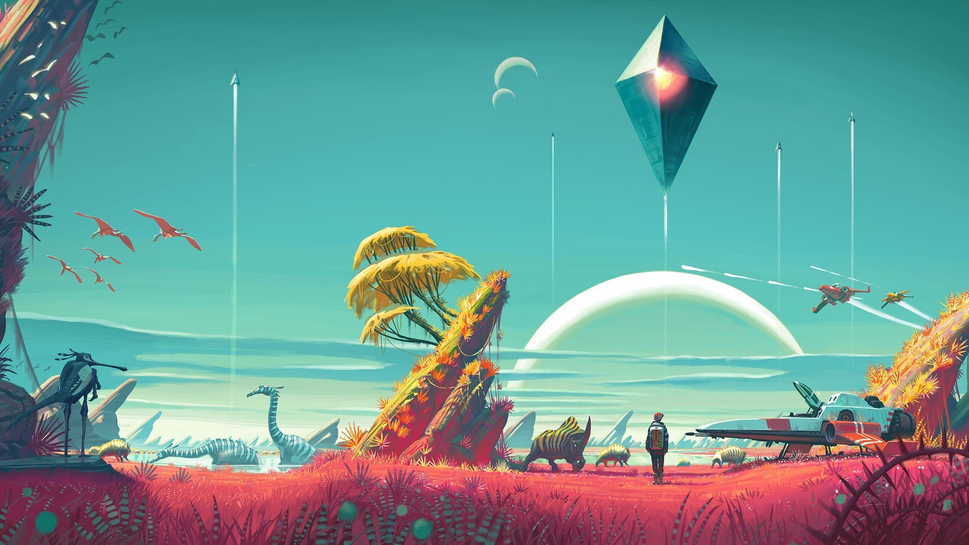 No Man's Sky, Atlas, Creature aliene, Astronave, Pianeta, Full HD 1080p, sfondo desktop