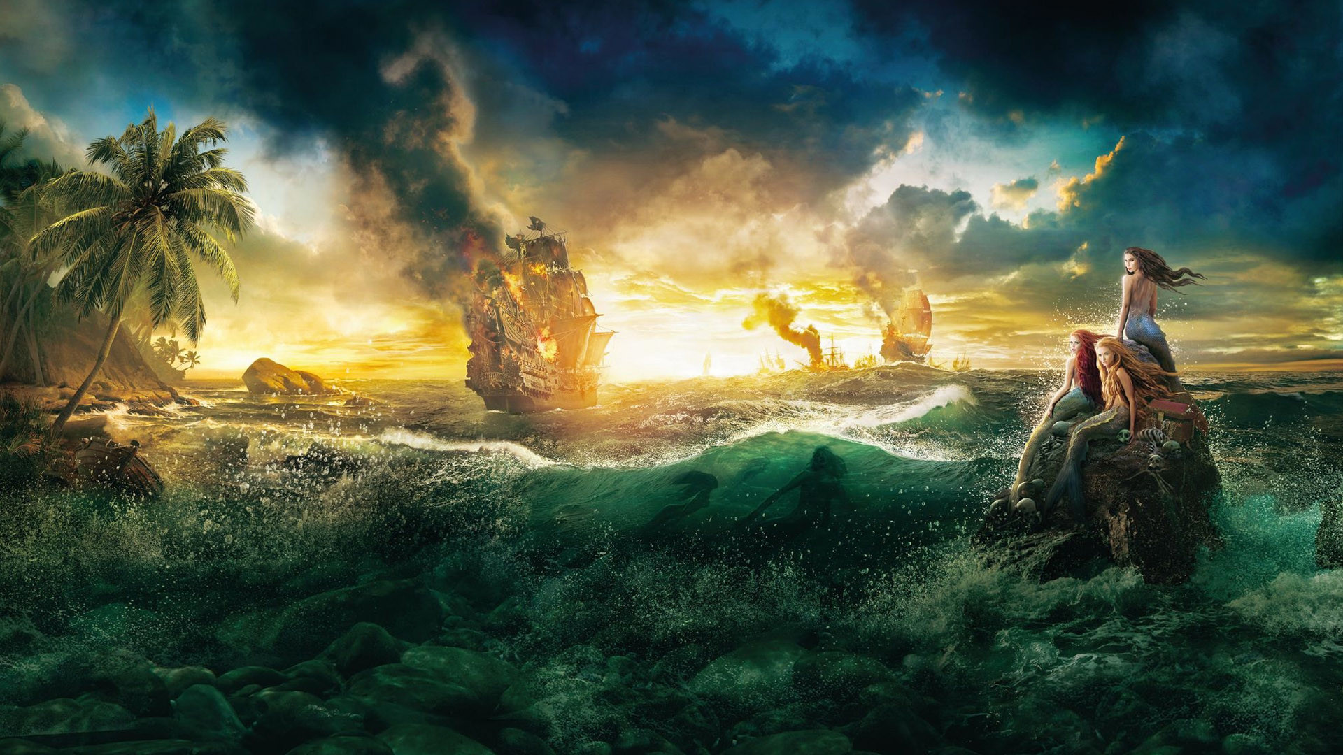 Pirati dei Caraibi: Oltre i confini del mare, Sirena, Nave pirata, Onde, sfondo desktop 1920x1080