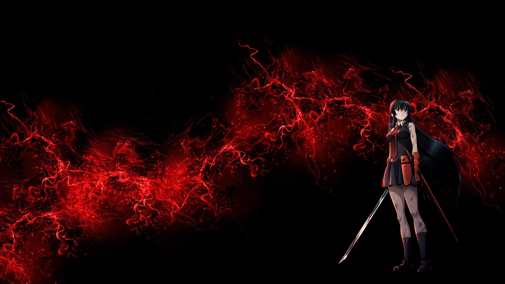 Akame, Akame ga Kill!, Fulmini rossi, Sfondo nero, Full HD, wallpaper per portatile
