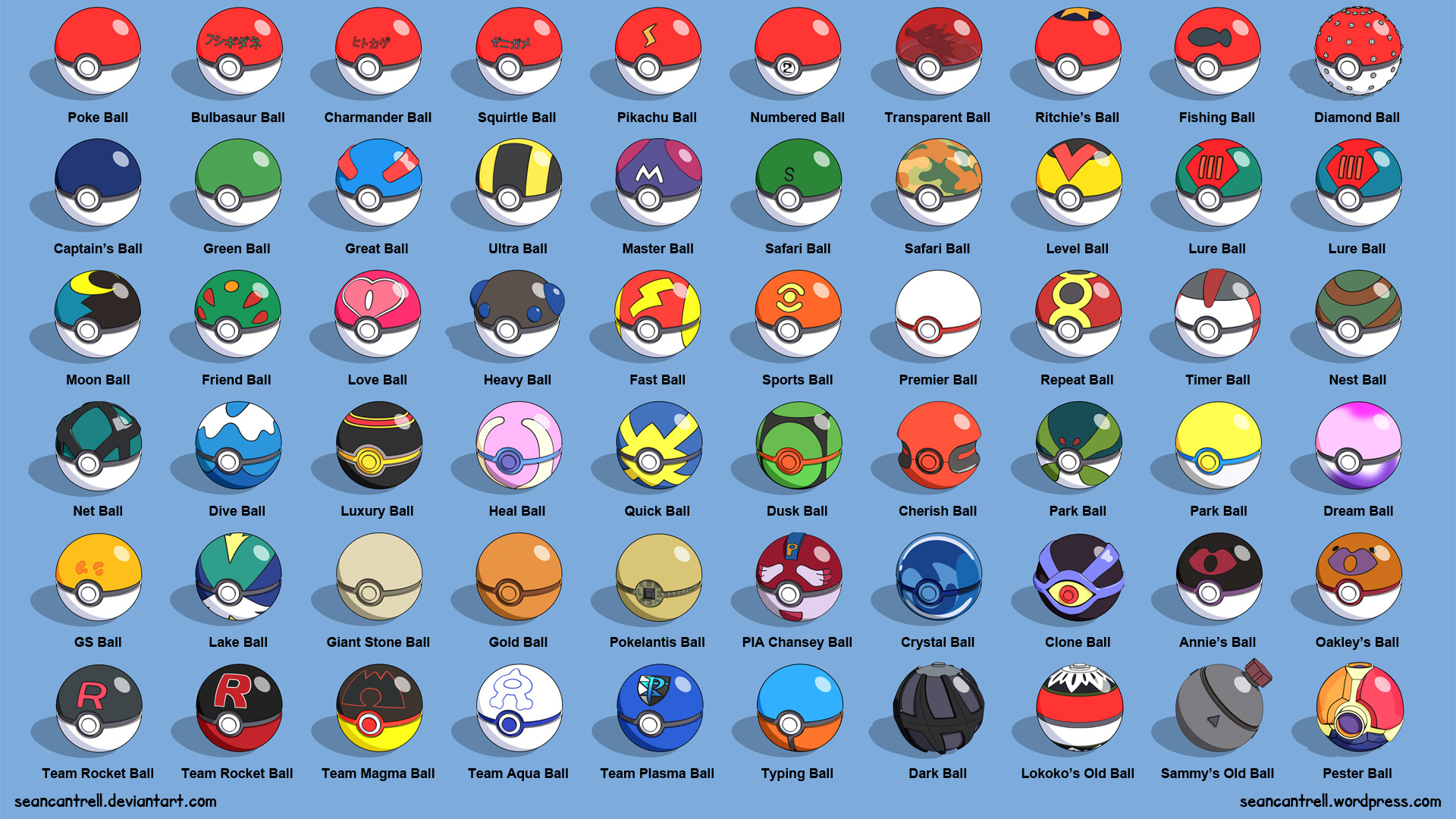 Poké Ball, Pokémon, Tipi di Poké Ball, Collezione, Sfondo azzurro, wallpaper 1920x1080