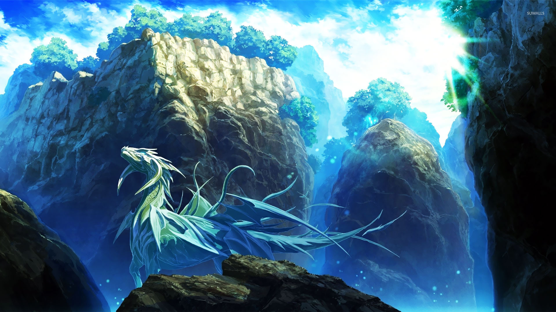 Drago, Fantasy, Cascata, Rocce, Arte digitale, Full HD 1080p, sfondo desktop