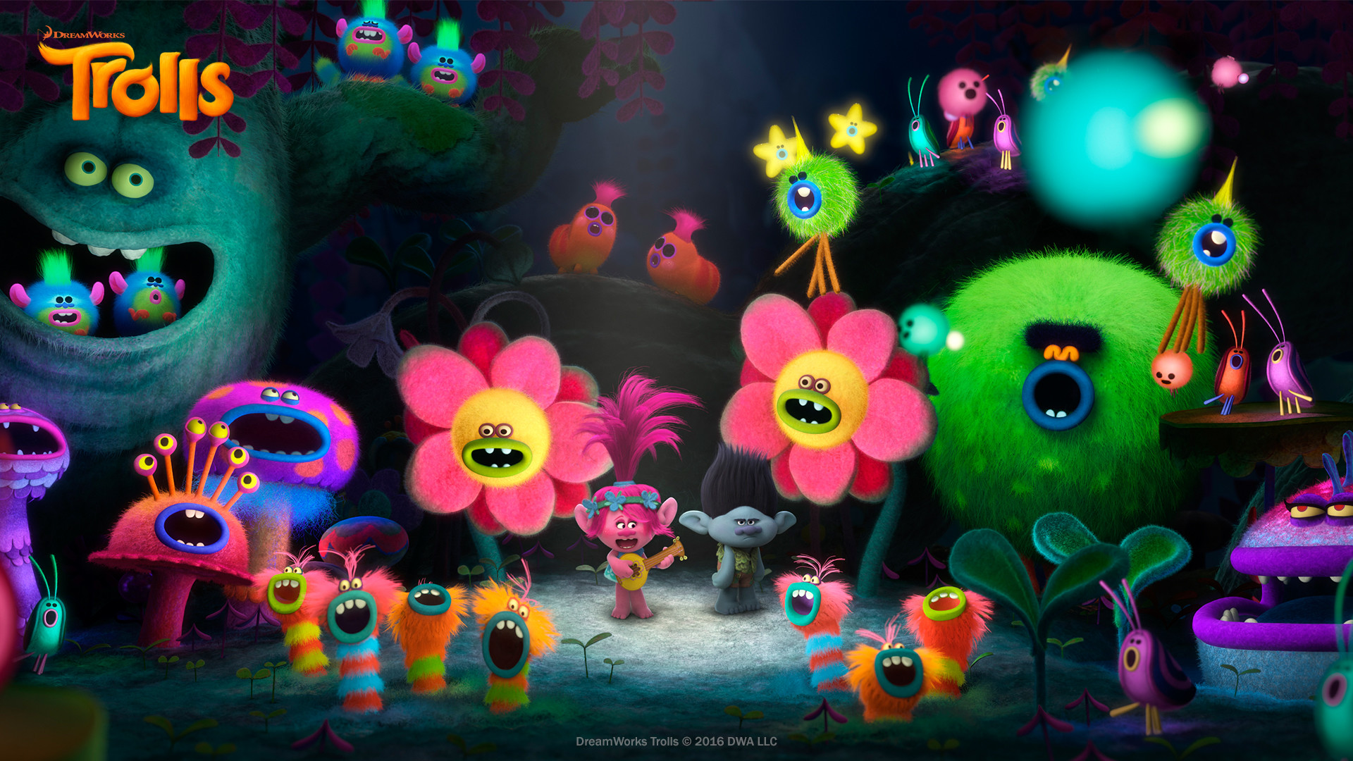 Trolls, DreamWorks, Poppy, Fiori, Notte, Full HD 1080p, sfondo desktop