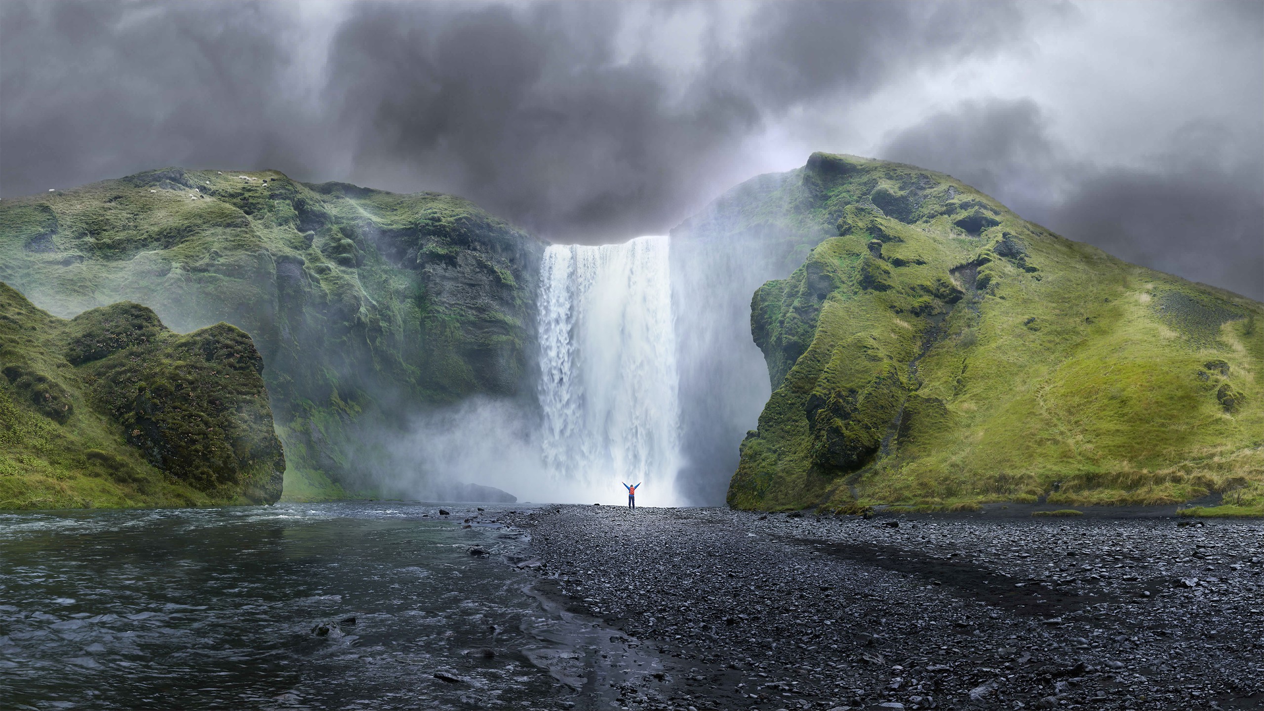 Skógafoss, Islanda, Cascata, Nuvole, 16:9 2K, wallpaper widescreen
