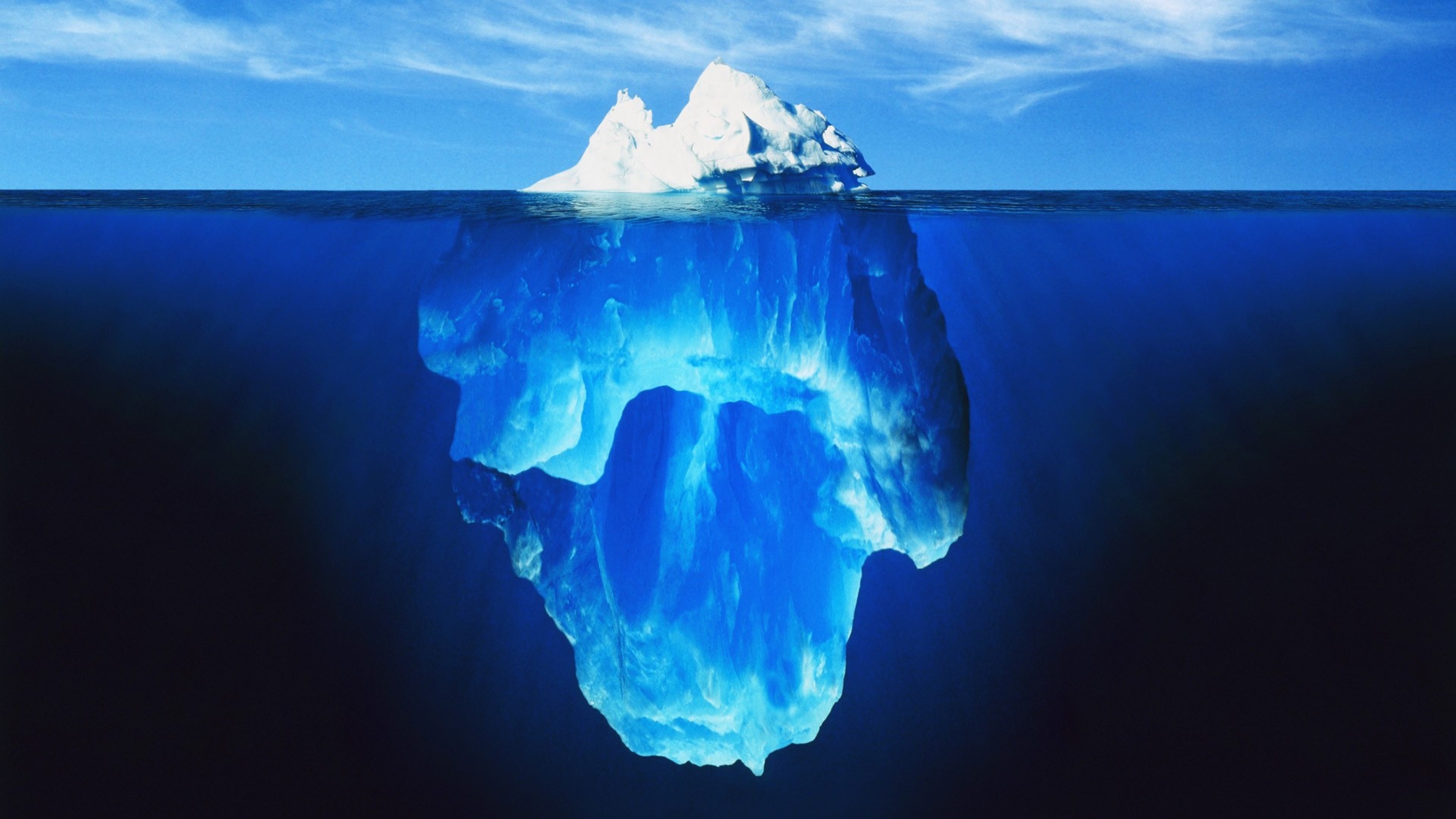 Iceberg, Vista sdoppiata, Ghiaccio, Oceano, 16:9 4K, sfondo widescreen