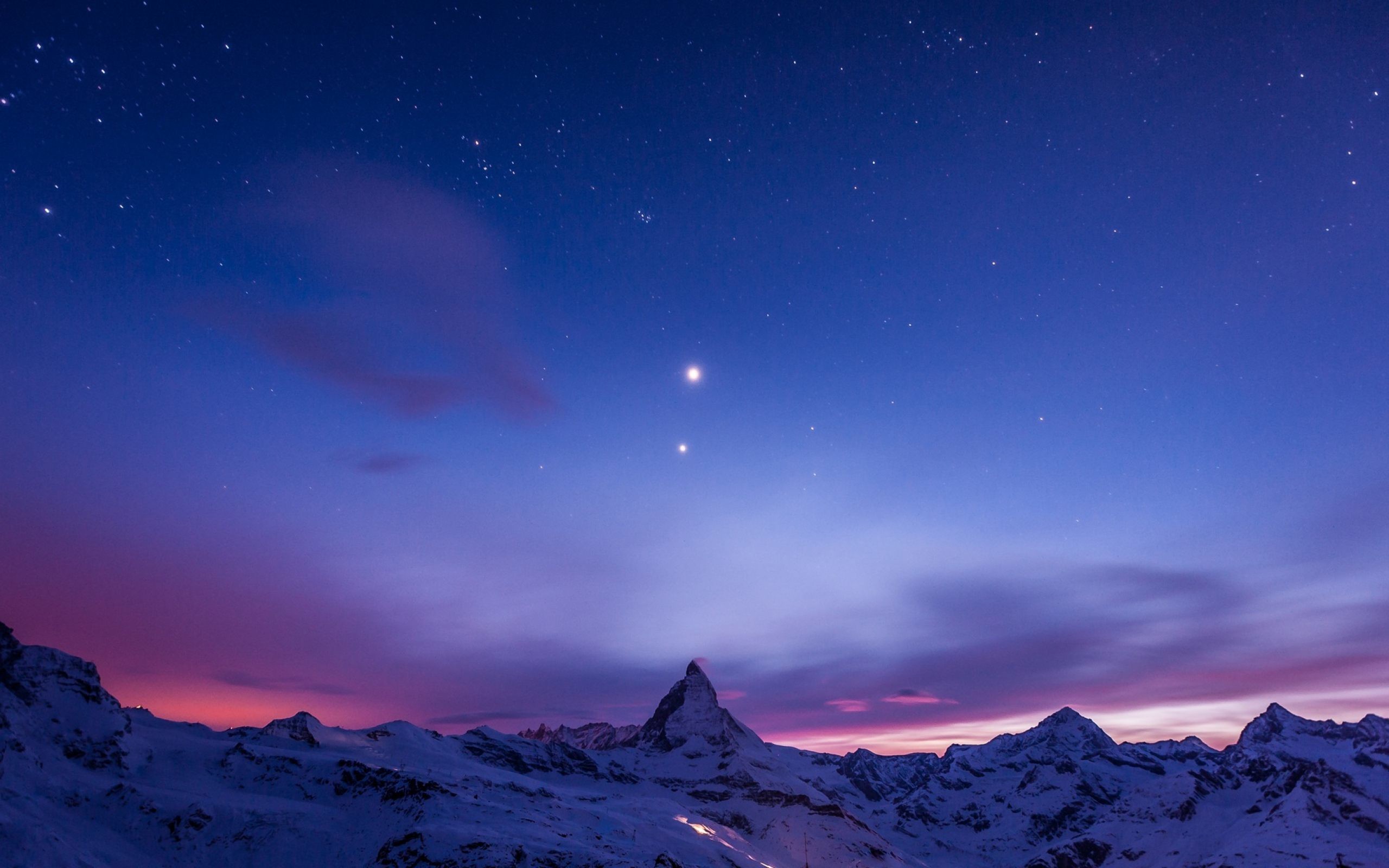 Cervino, Alpi, Cielo stellato, Crepuscolo, Viola, 2K, sfondo per PC