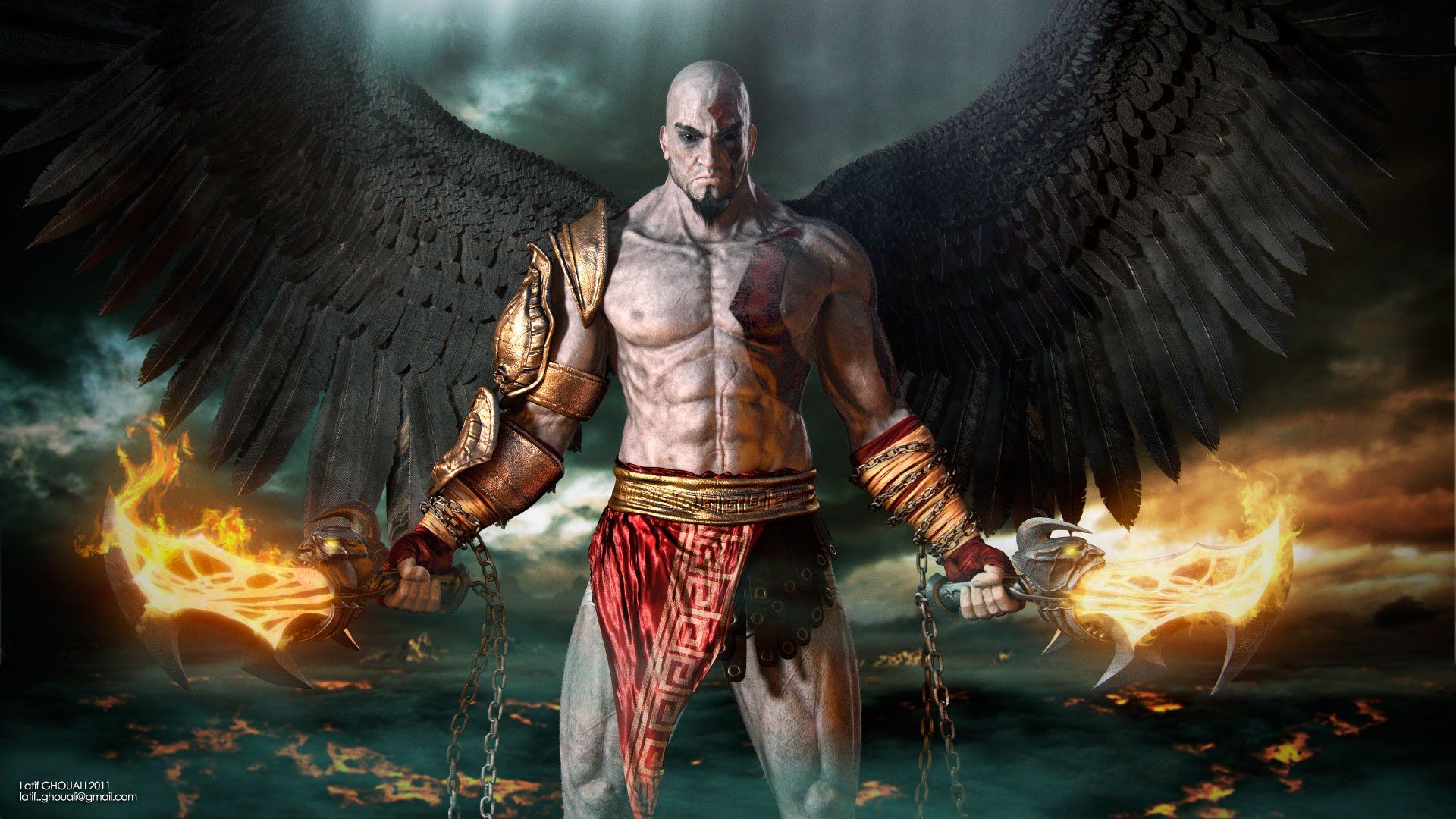 Kratos, God of War III, Ali, Lame del Caos, Fuoco, 16:9 Full HD, sfondo widescreen