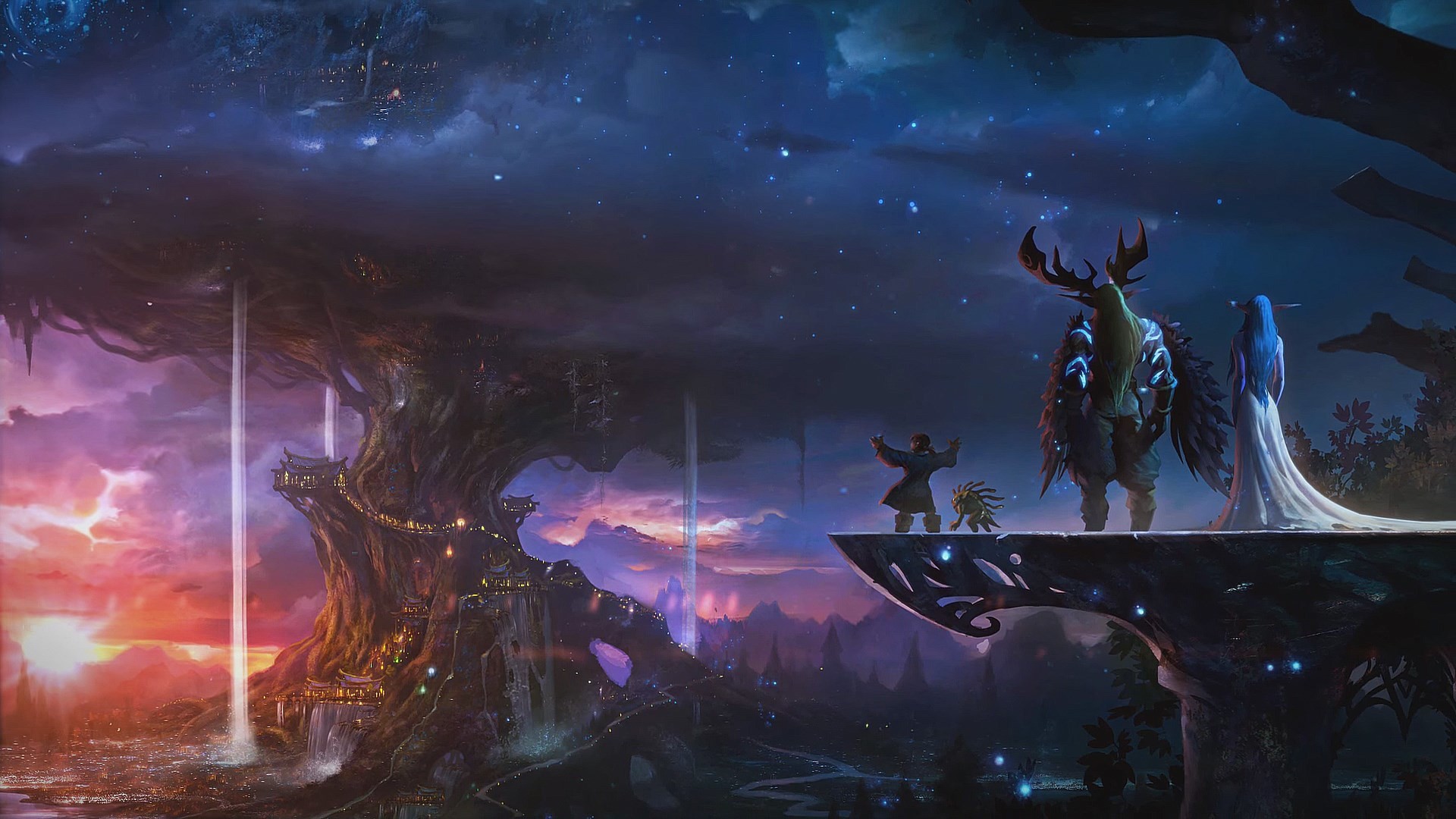 World of Warcraft, Teldrassil, Elfi della notte, Albero del mondo, Notte, wallpaper desktop Full HD