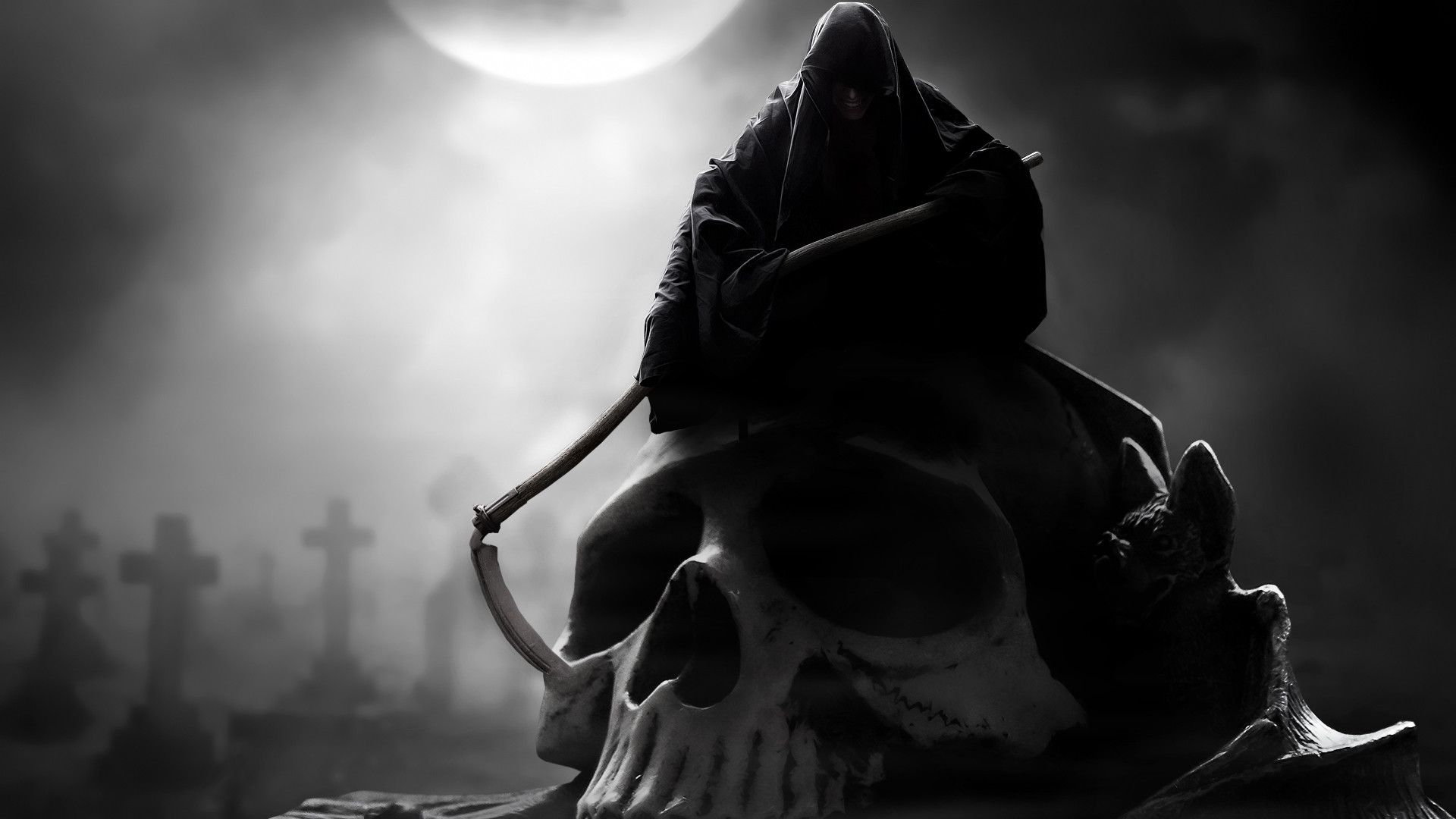 Tristo Mietitore, Teschio gigante, Cimitero, Luna, Full HD 1080p, sfondo desktop