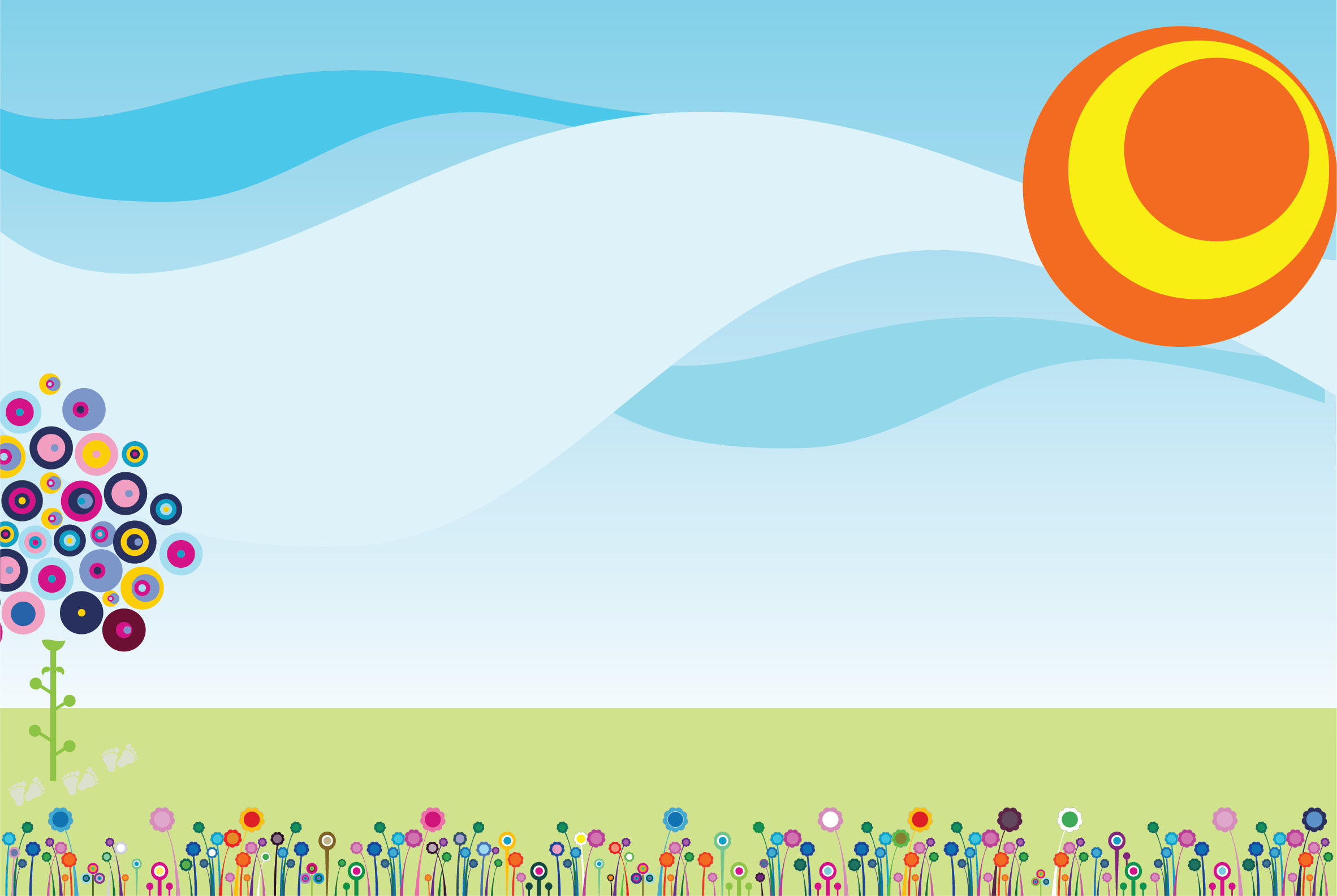 Sole, Fiori, Onde, Illustrazione, Azzurro, Full HD, wallpaper per computer