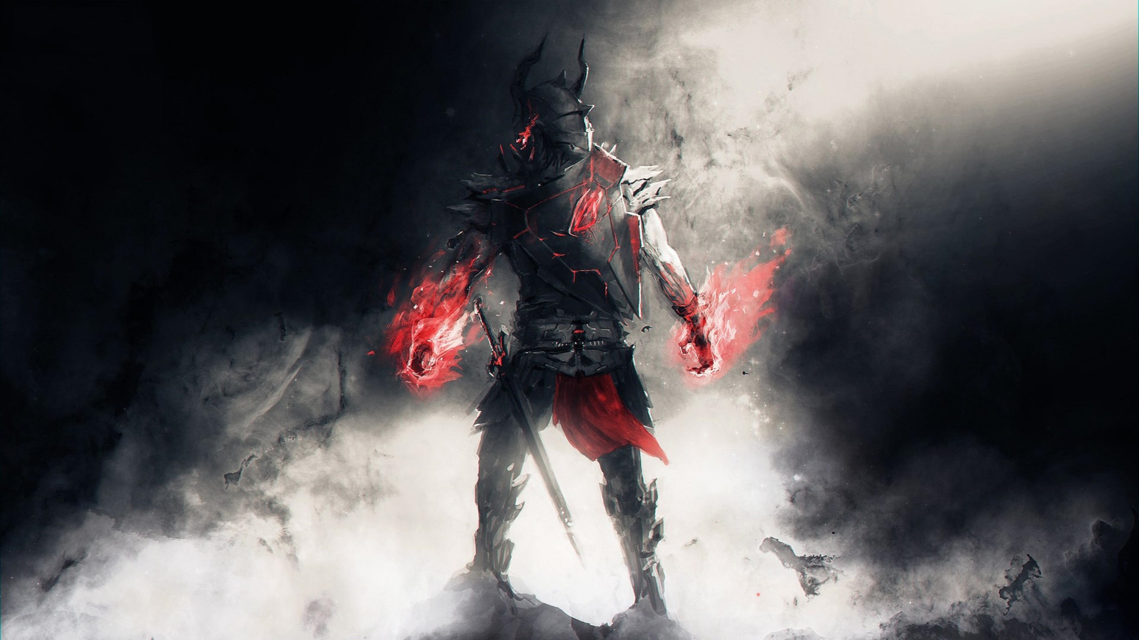 Guerriero, Spade rosse, Fumo, Arte fantasy, 4K, sfondo per PC e portatile