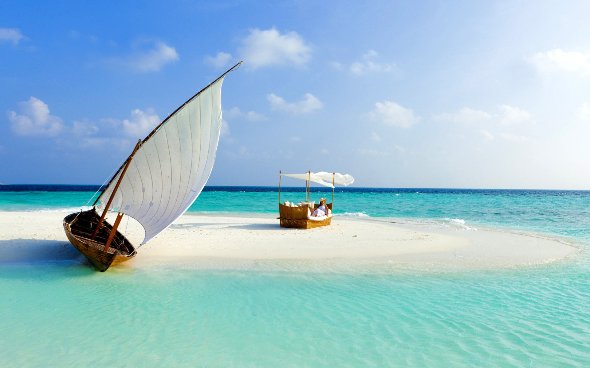 Maldive, Dhoni, Banco di sabbia, Vela, 1920x1200, sfondo per PC