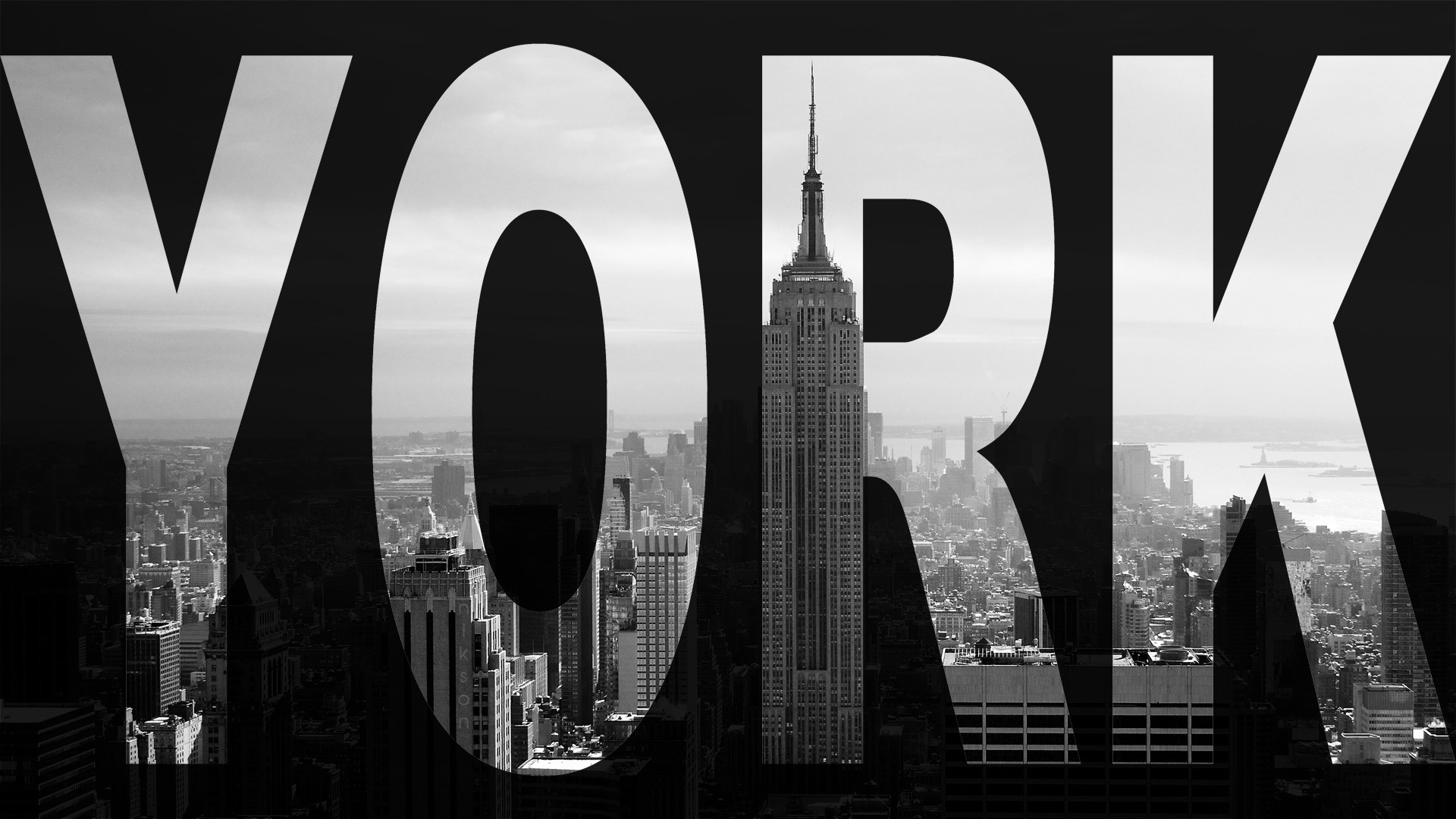 Empire State Building, New York, Tipografia, Bianco e nero, 16:9 Full HD, wallpaper widescreen