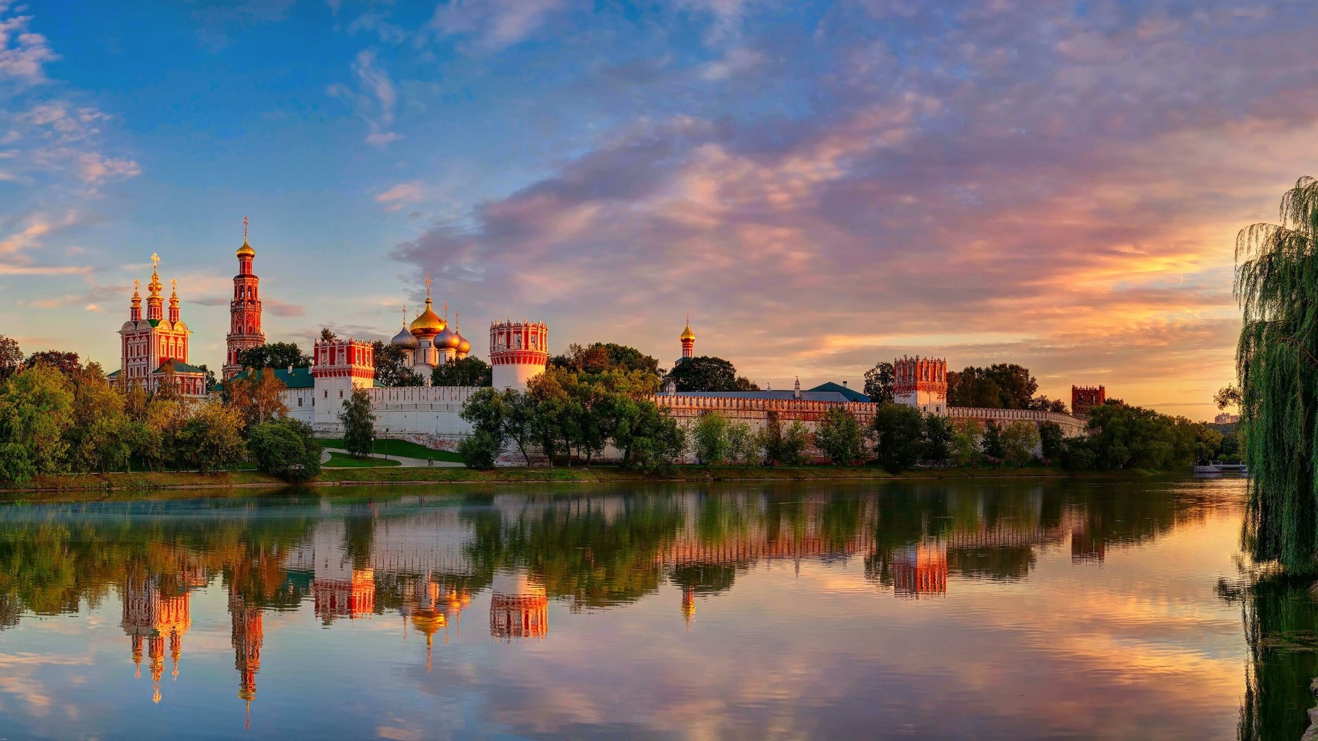 Monastero di Novodevichy, Mosca, Russia, Tramonto, Riflesso, Full HD, sfondo per portatile