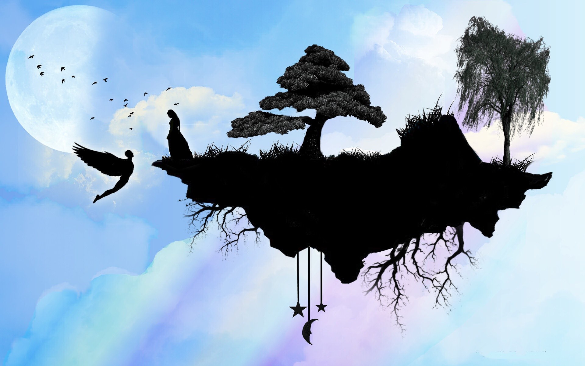 Isola fluttuante, Silhouette, Albero, Surreale, 1920x1200, immagine di sfondo