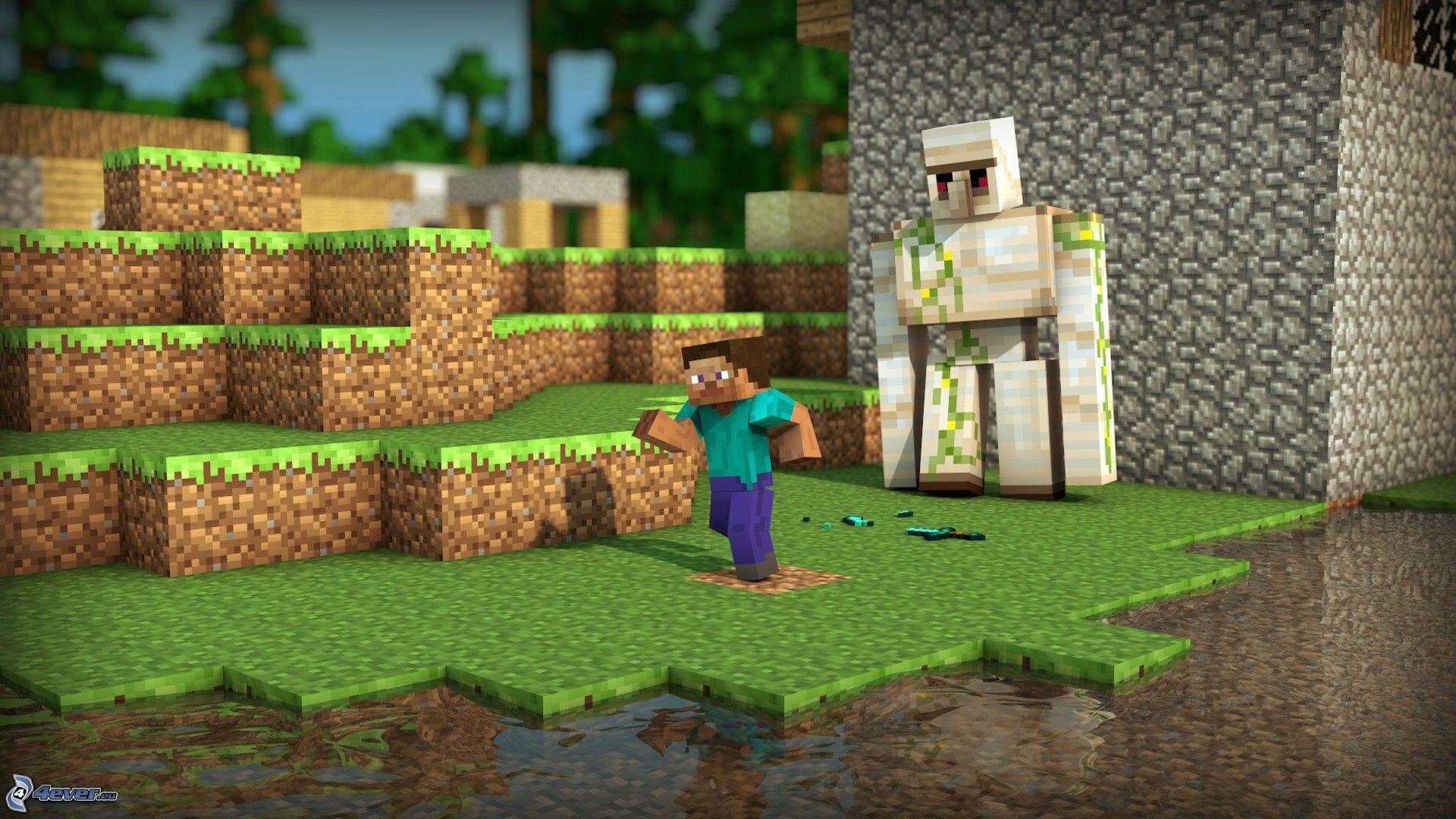 Steve, Golem di ferro, Minecraft, Villaggio, Full HD, wallpaper per portatile