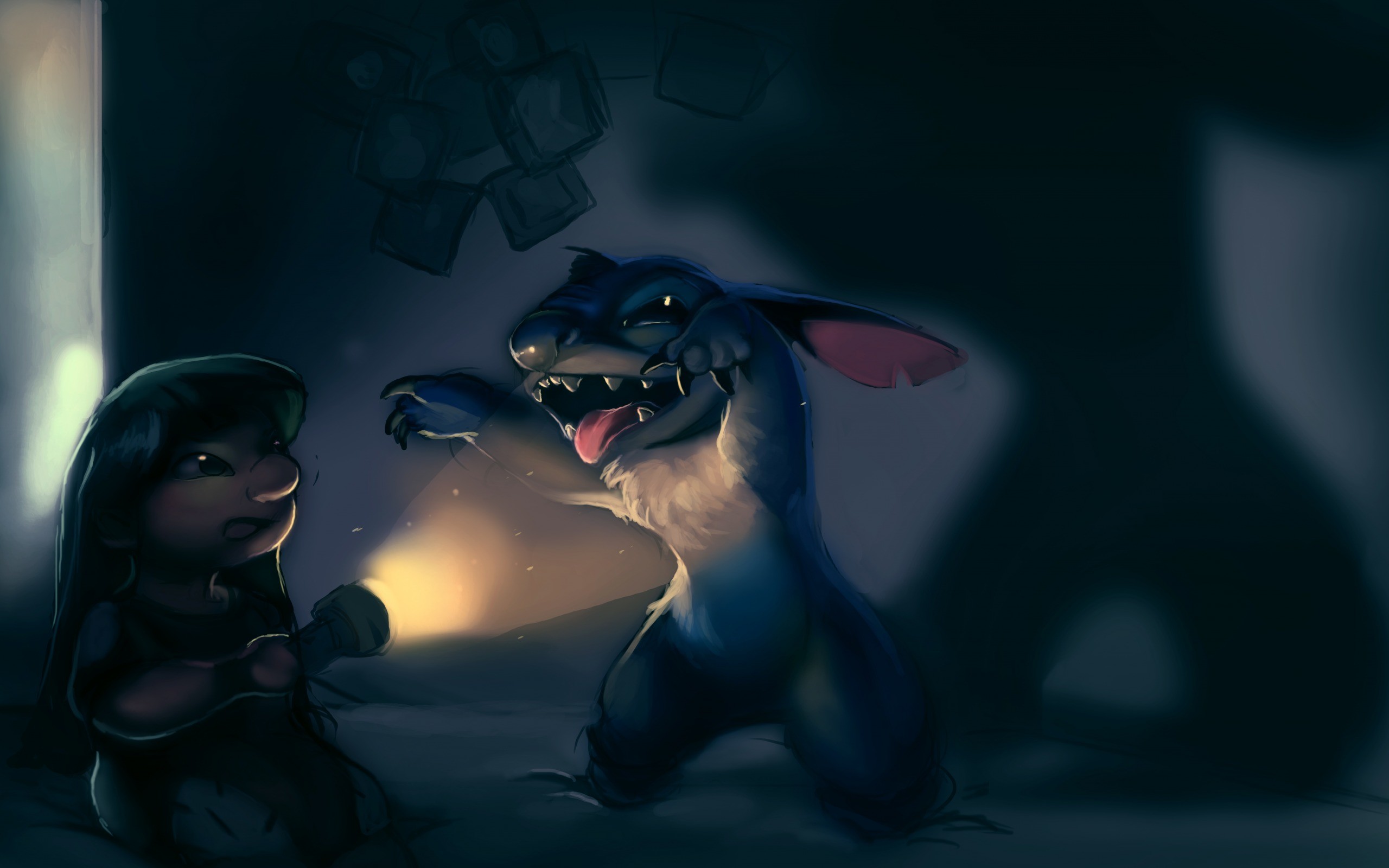 Stitch, Lilo Pelekai, Lilo & Stitch, Disney, Torcia, Notte, Fan art, sfondo widescreen 2K